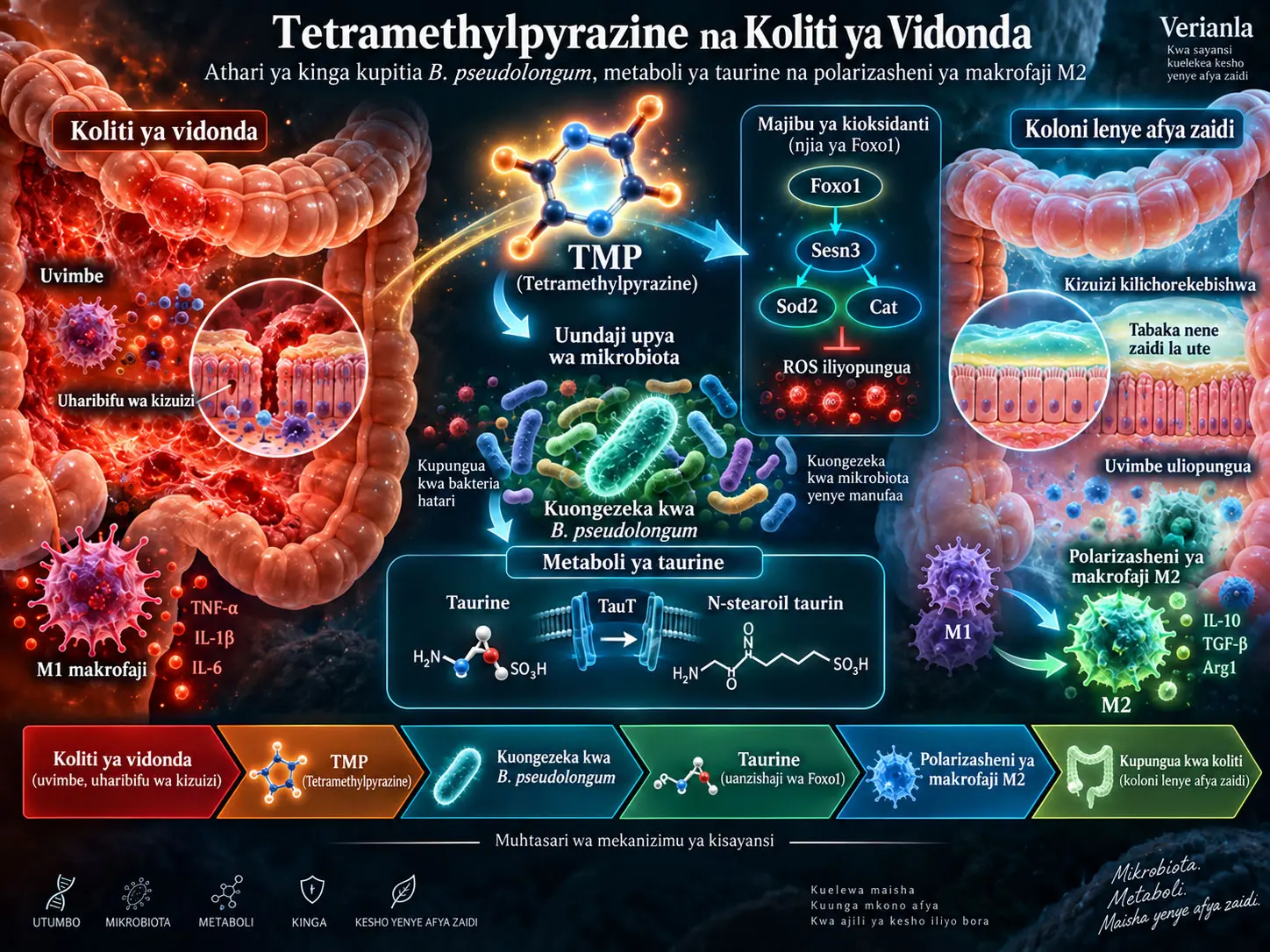 Tetramethylpyrazine Inawezaje Kupunguza Koliti ya Vidonda? Mekanizimu ya Kabla ya Kliniki Inayounganisha Bifidobacterium pseudolongum, Metaboli ya Taurine na Polarizasheni ya Makrofaji M2