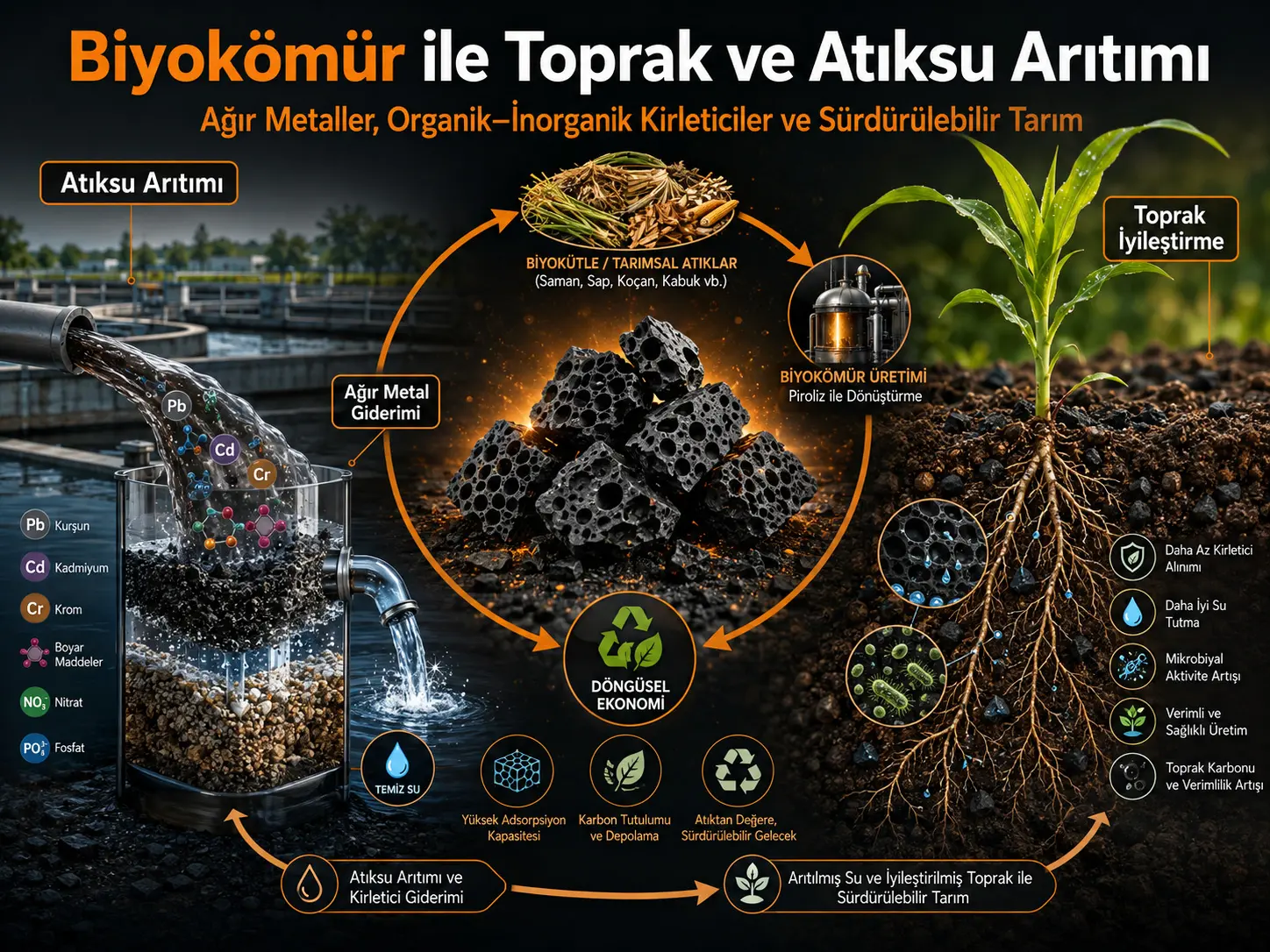 Tuproq va oqova suvni remediatsiya qilishda biokoʻmir: ogʻir metallar, organik–noorganik ifloslantiruvchilar va aylana iqtisodiyotga yoʻnaltirilgan barqaror qishloq xoʻjaligi