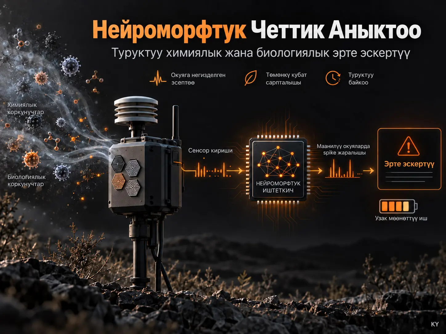 Туруктуу Химиялык жана Биологиялык Коркунучтарды Эрте Эскертүү үчүн Нейроморфтук Четтик Аныктоо