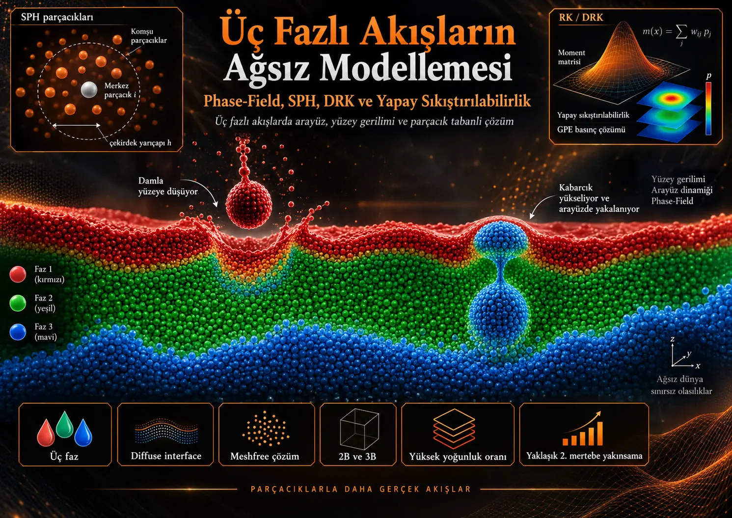 Üç Fazlı Akışların Ağsız Modellenmesi: Diferansiyel Yeniden Üreten Çekirdekler, SPH ve Yapay Sıkıştırılabilirlikle Phase-Field Yaklaşımı