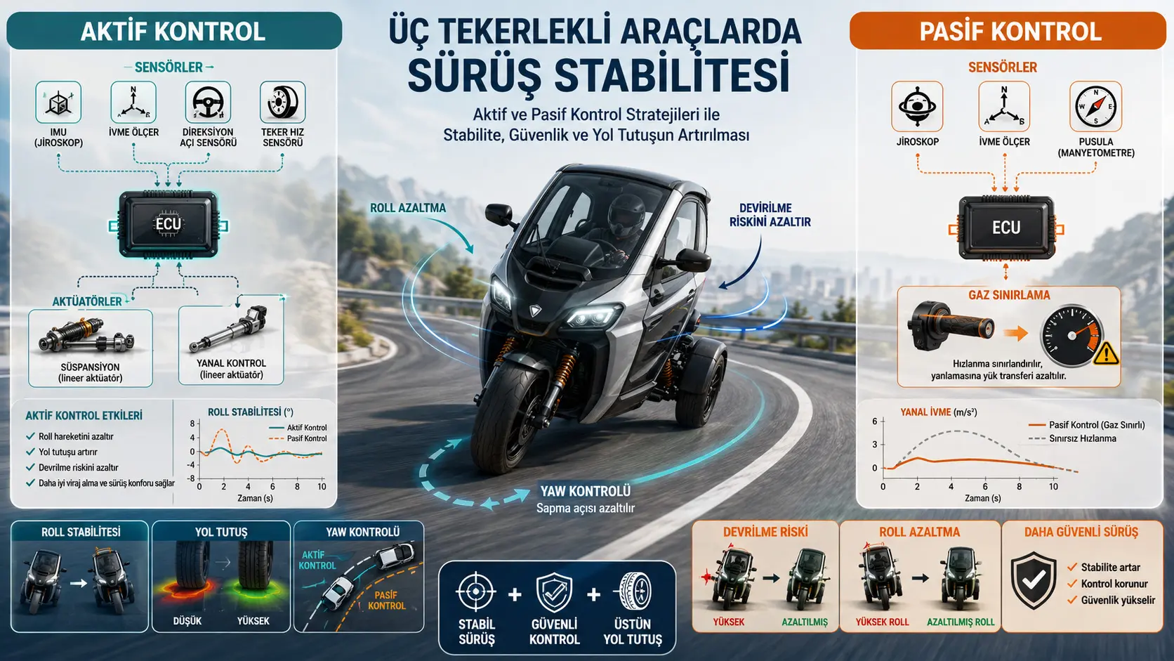 Üç Tekerlekli Araçlarda Sürüş Stabilitesi ve Yol Tutuşun İyileştirilmesi İçin Aktif ve Pasif Kontrol Stratejileri