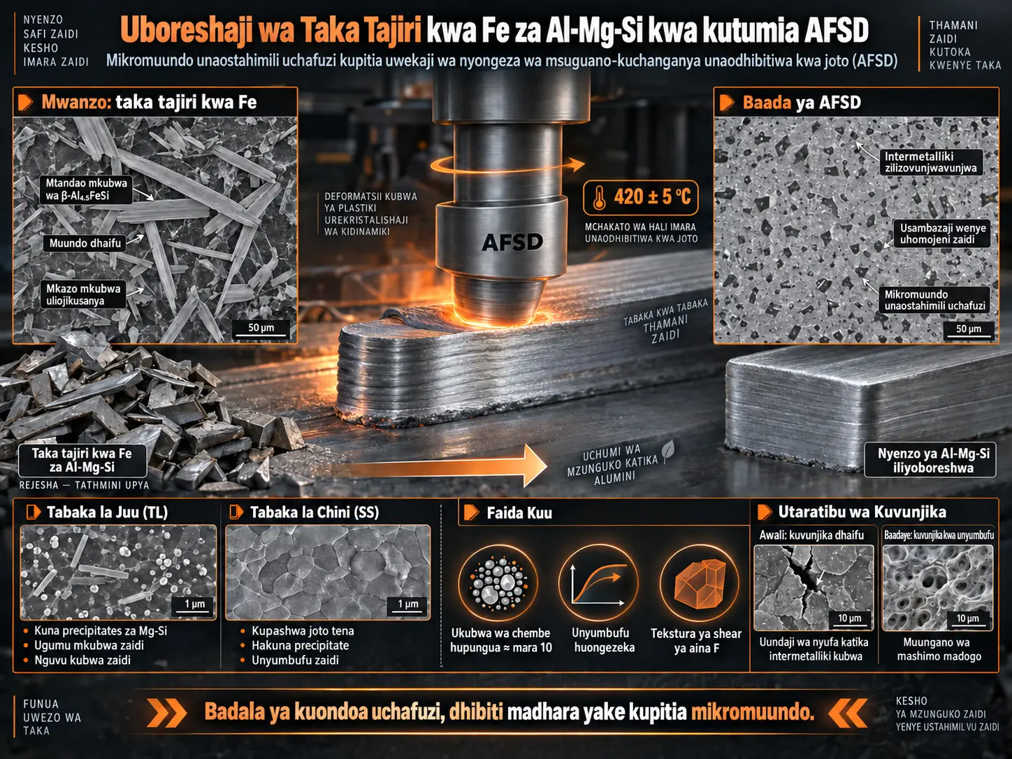 Uchakataji wa Thamani ya Juu wa Mabaki ya Al-Mg-Si Yenye Fe Nyingi kwa Additive Friction Stir Deposition Inayodhibitiwa kwa Joto: Miundomikro Inayostahimili Uchafu, Mabadiliko ya Mashapo na Tofauti za Kieneo za Muundomikro
