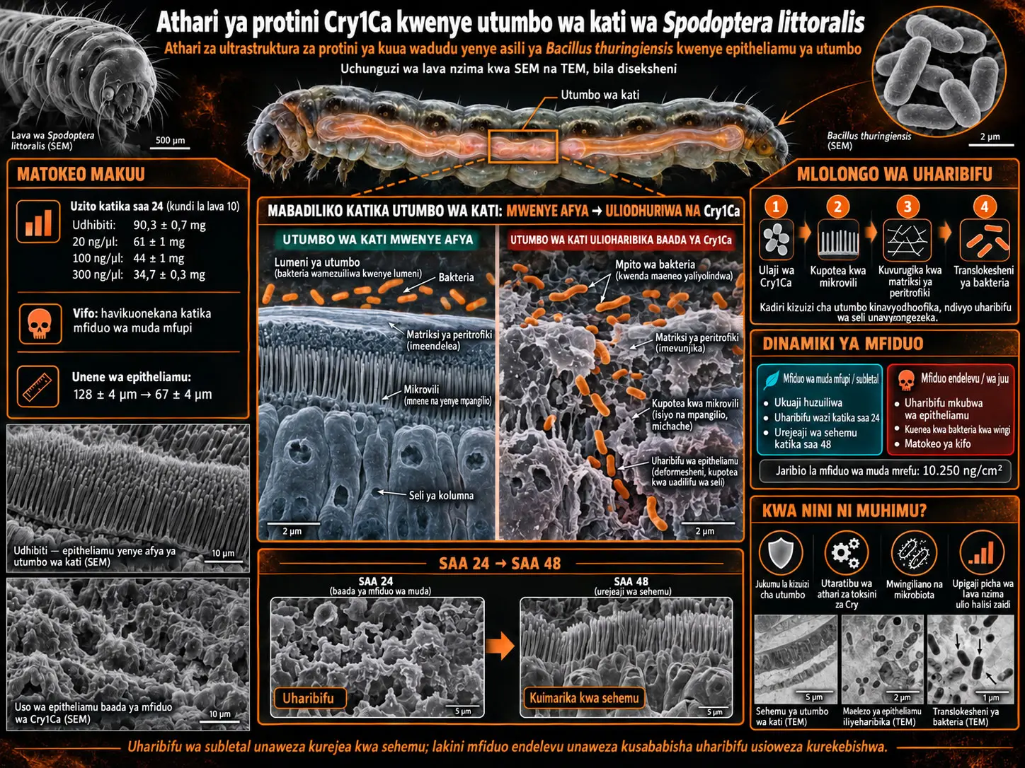 Uchambuzi wa ultrastruktura wa uharibifu unaosababishwa na protini Cry1Ca ya Bacillus thuringiensis katika utumbo wa kati wa lava wa Spodoptera littoralis