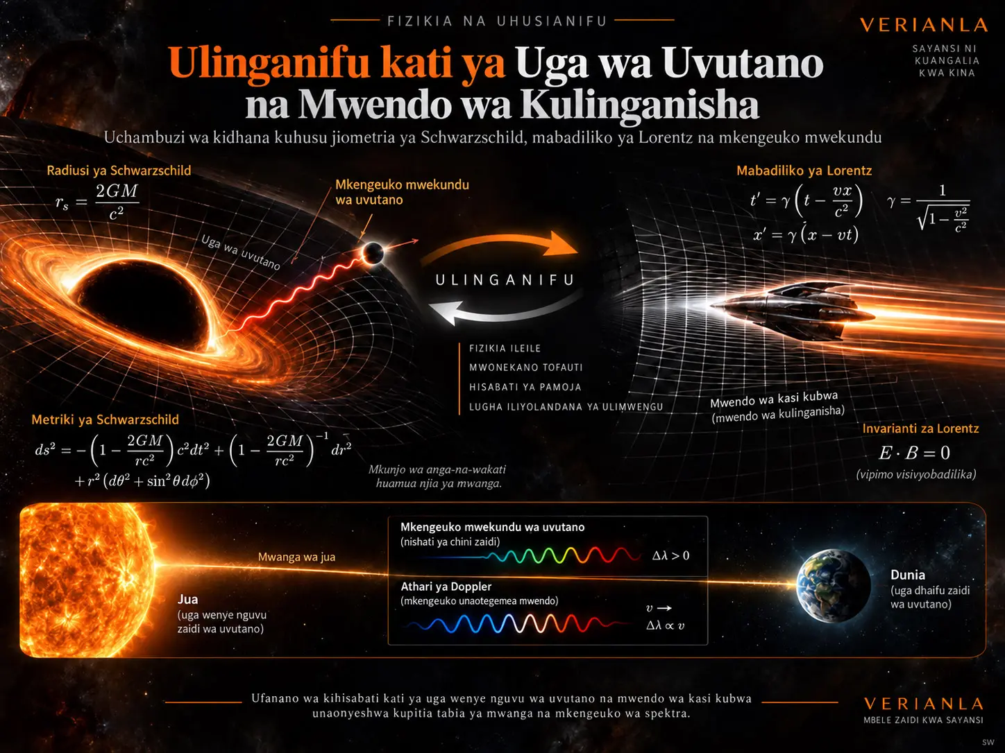 Ulinganifu Kati ya Nafasi katika Uga wa Uvutano na Mwendo wa Kulinganisha: Jiometria ya Schwarzschild, Mabadiliko ya Lorentz na Mkengeuko Mwekundu wa Uvutano wa Mwanga wa Jua