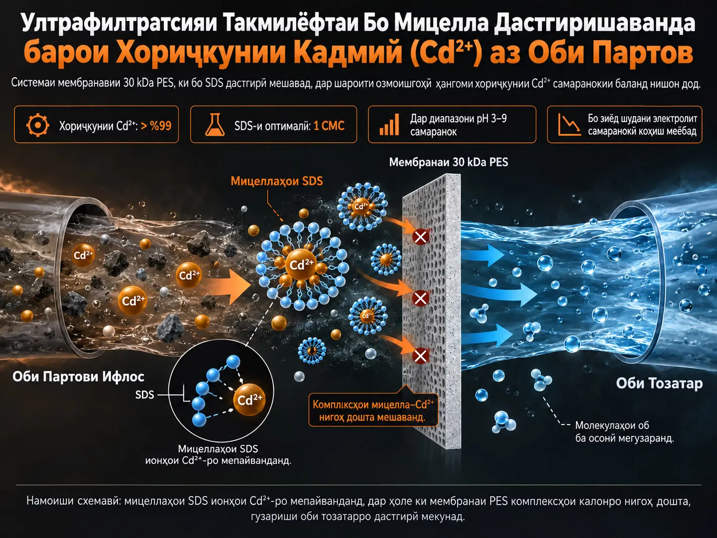 Ултрафилтратсияи Такмилёфтаи Бо Мицелла Дастгиришаванда барои Хориҷкунии Кадмий (Cd²⁺) аз Оби Партов