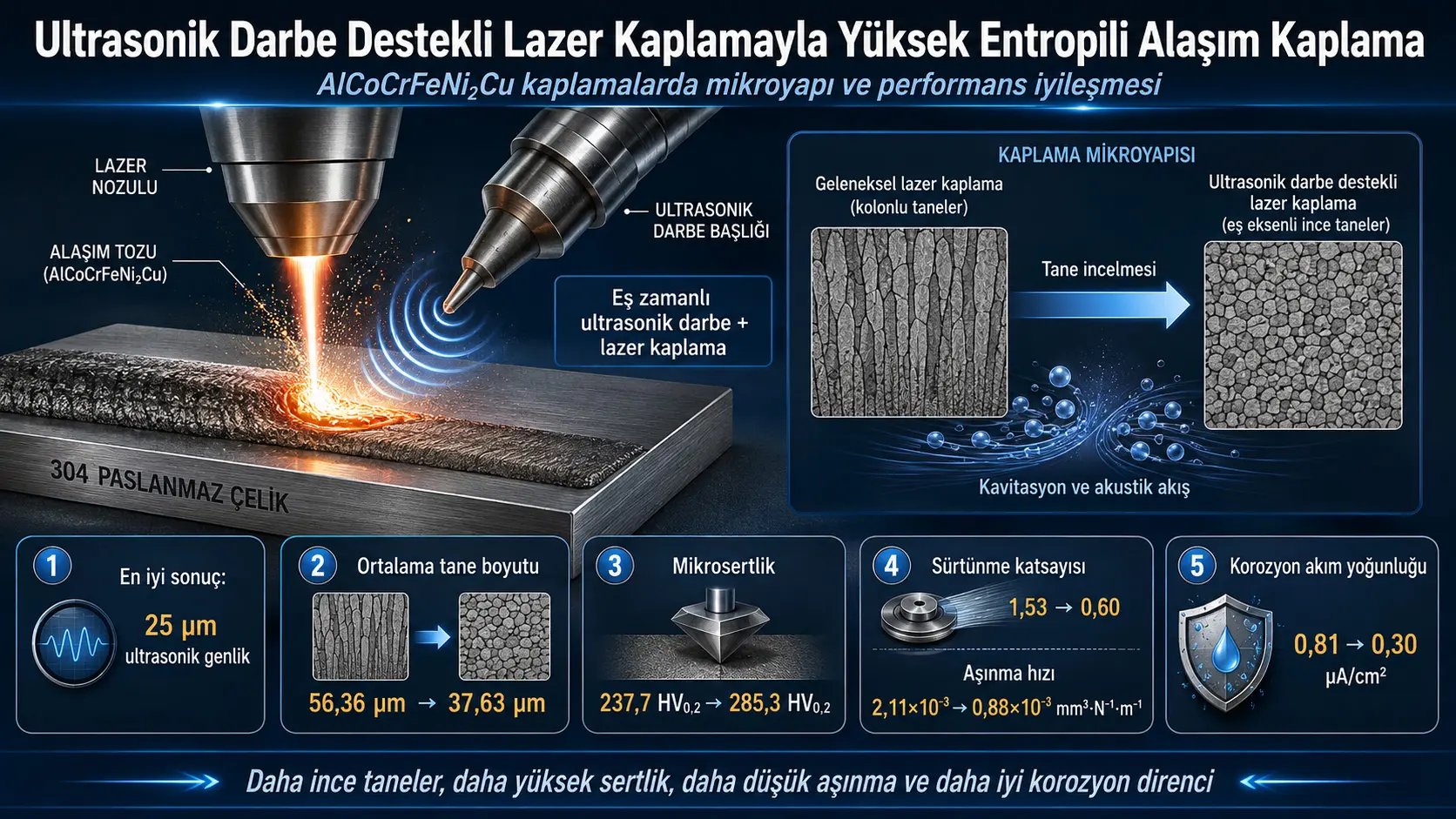 Ultrasonik Darbe Destekli Lazer Kaplamayla AlCoCrFeNi₂Cu Yüksek Entropili Alaşım: Daha İnce Taneler, Daha Yüksek Sertlik ve Gelişmiş Korozyon Direnci
