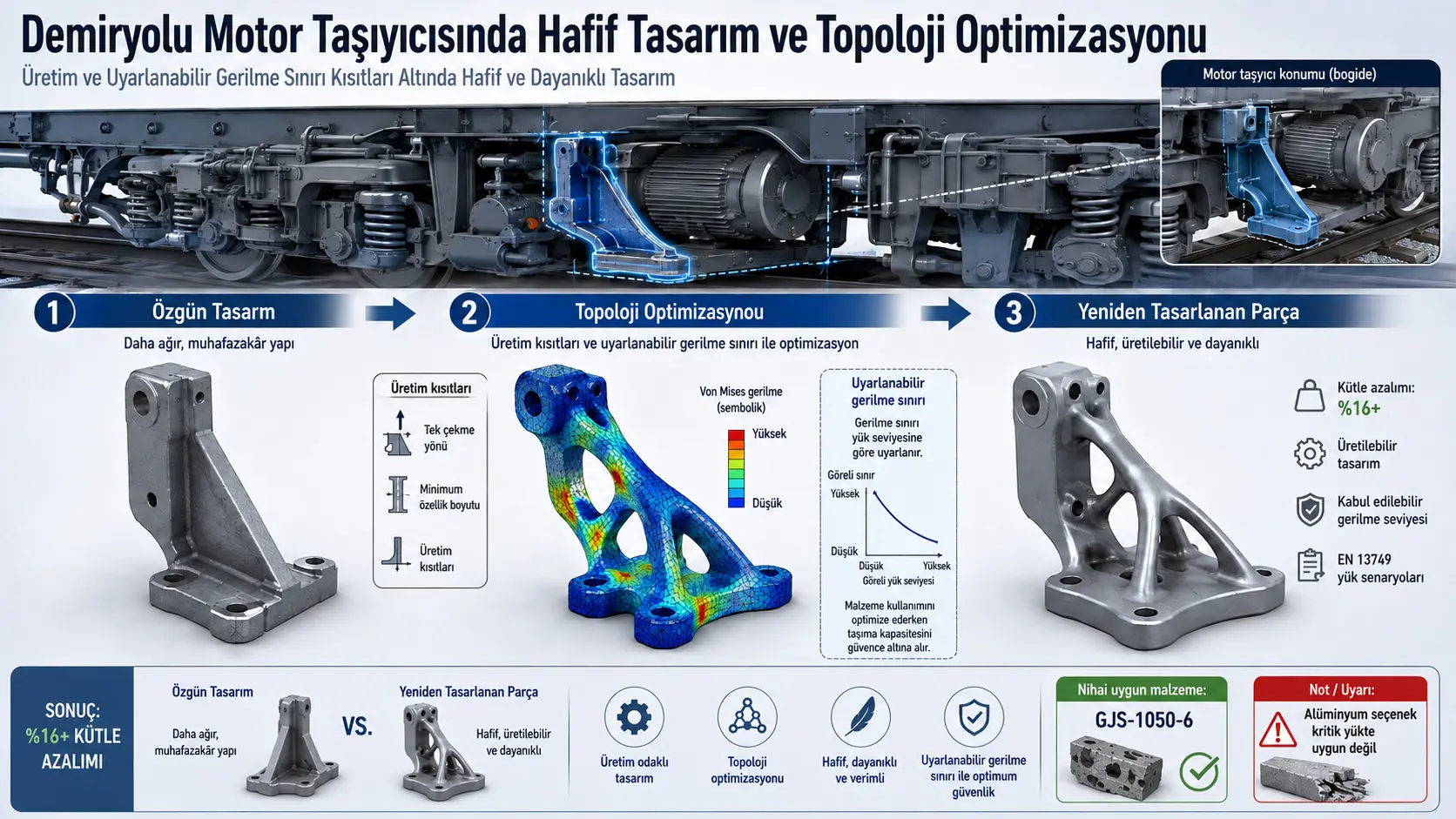 Ishlab chiqarish va moslashuvchan kuchlanish cheklovlari ostida temiryo‘l dvigatel tayanchining yengil dizayni va topologiya optimallashtirilishi