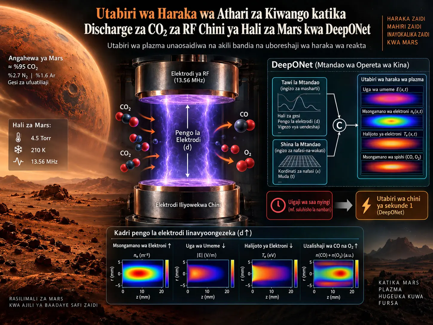 Utabiri wa Haraka wa Athari za Kiwango katika Discharge za CO₂ za Masafa ya Redio Chini ya Hali za Mars kwa DeepONet