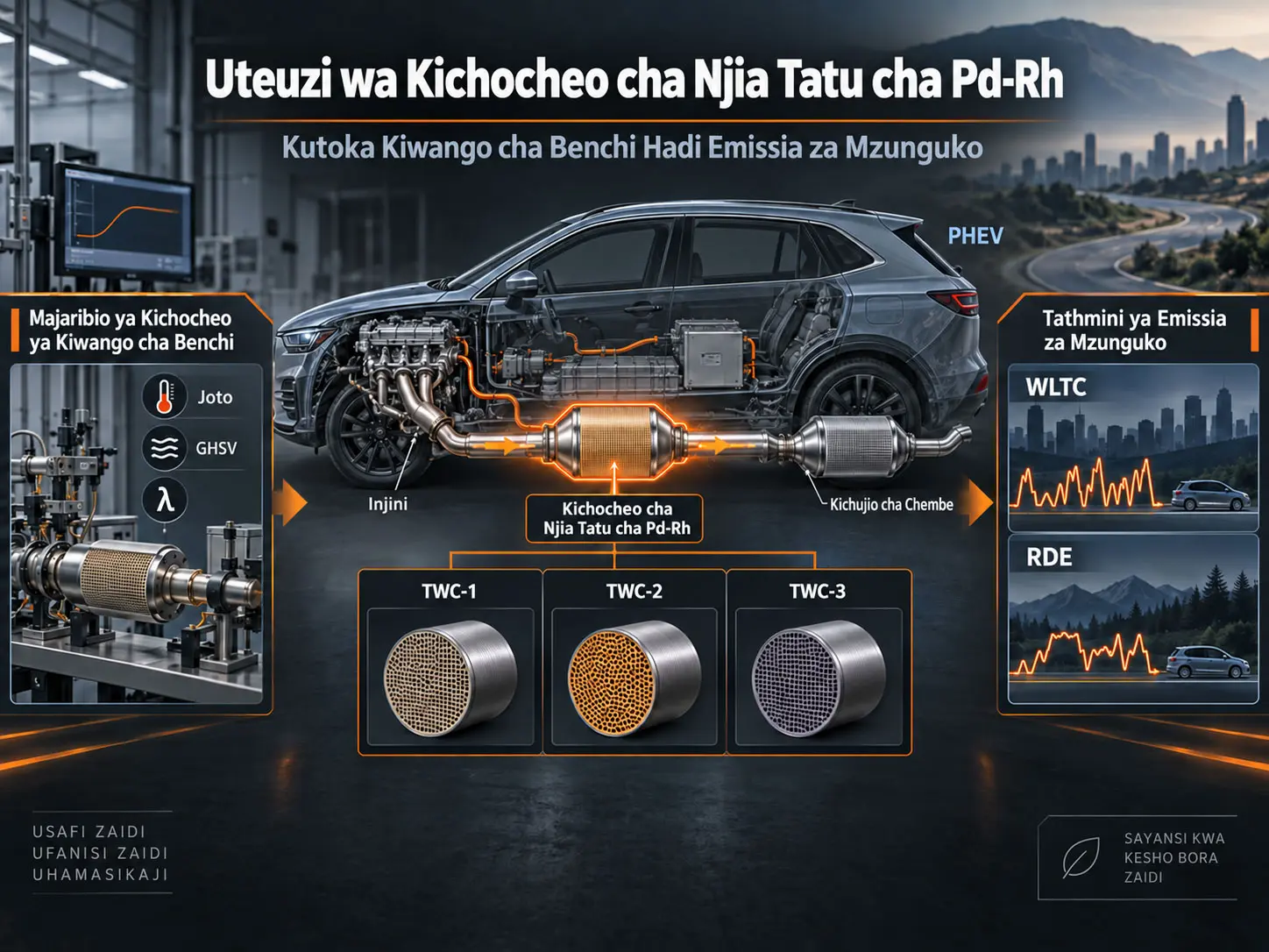 Uteuzi wa kichocheo cha njia tatu cha Pd-Rh katika magari mseto ya kuchajiwa: kutoka sifa za ubadilishaji wa kiwango cha benchi hadi uzalishaji wa mizunguko ya WLTC na RDE