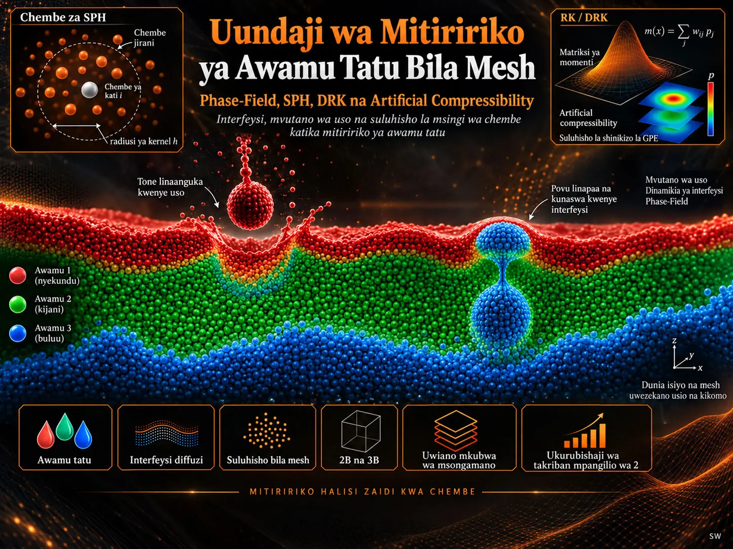 Uundaji Usio na Mesh wa Mitiririko ya Awamu Tatu: Differential Reproducing Kernels, SPH na Mkabala wa Phase-Field wenye Artificial Compressibility