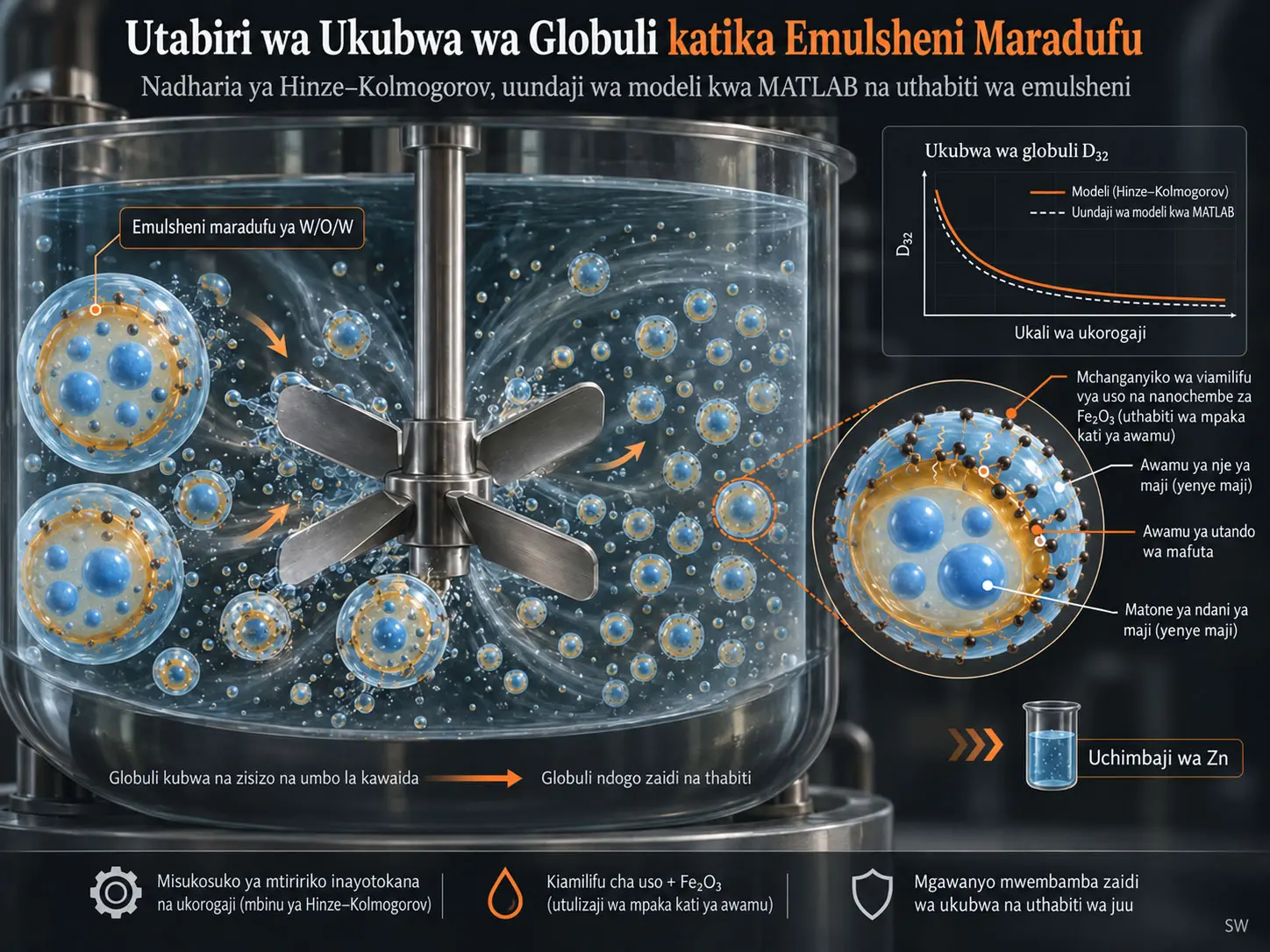 Uundaji wa Modeli ya Kutabiri Mgawanyo wa Ukubwa wa Globuli katika Emulsheni Maradufu Zilizotulizwa kwa Mchanganyiko wa Viamilifu vya Uso na Nanochembe kwa Kutumia Nadharia ya Hinze–Kolmogorov