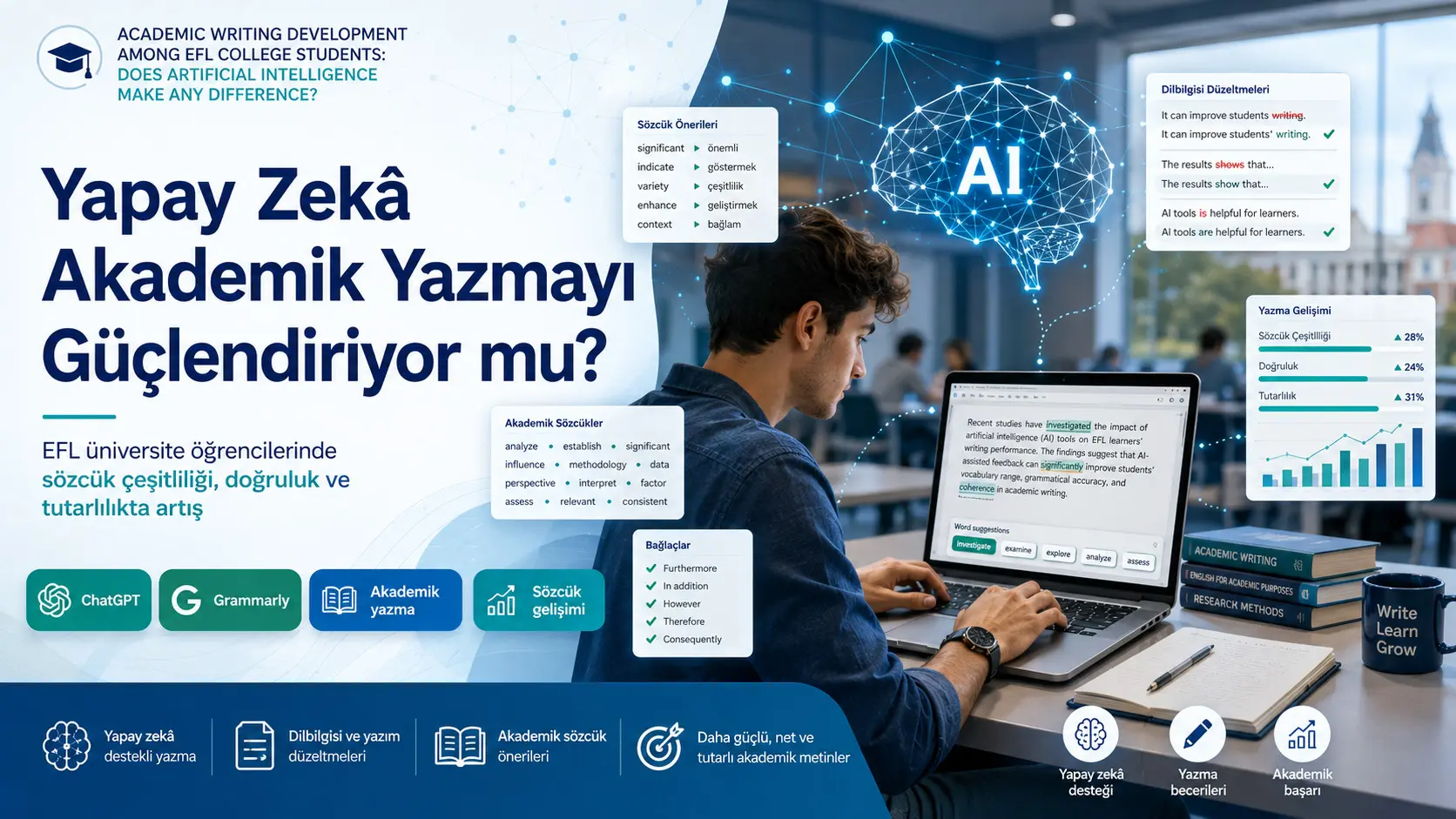 Sun’iy intellekt yordamidagi akademik inglizcha yozuv: Kuchli oldin-keyin yutuqlar, cheklangan sababiy dalil