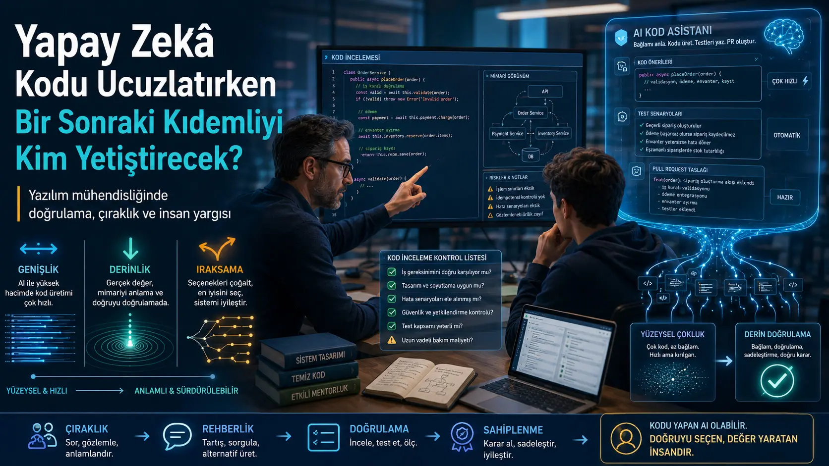 Sun’iy intellekt kodni arzonlashtirganda keyingi katta muhandisni kim tayyorlaydi? Dasturiy injiniringda tekshirish, shogirdlik va insoniy hukmni qayta loyihalash