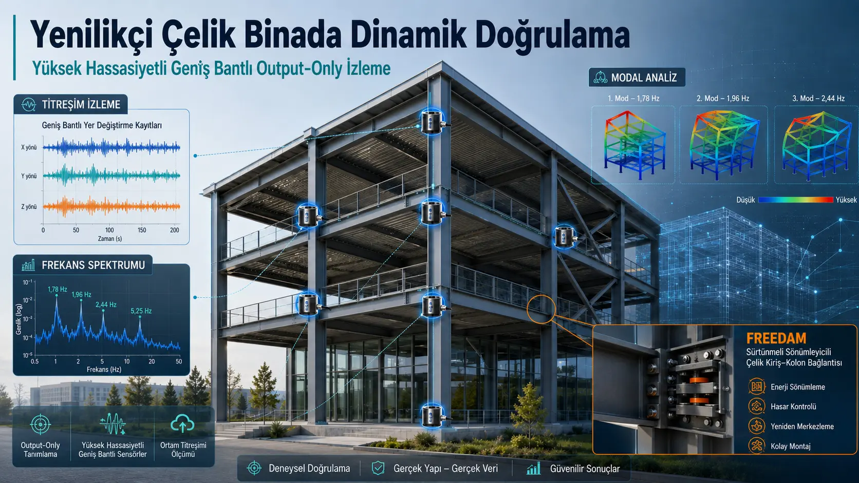 Innovatsion po‘lat binoning kutilayotgan dinamik xususiyatlarini yuqori sezgirlikdagi keng polosali faqat chiqishga asoslangan monitoring orqali tajribaviy tasdiqlash