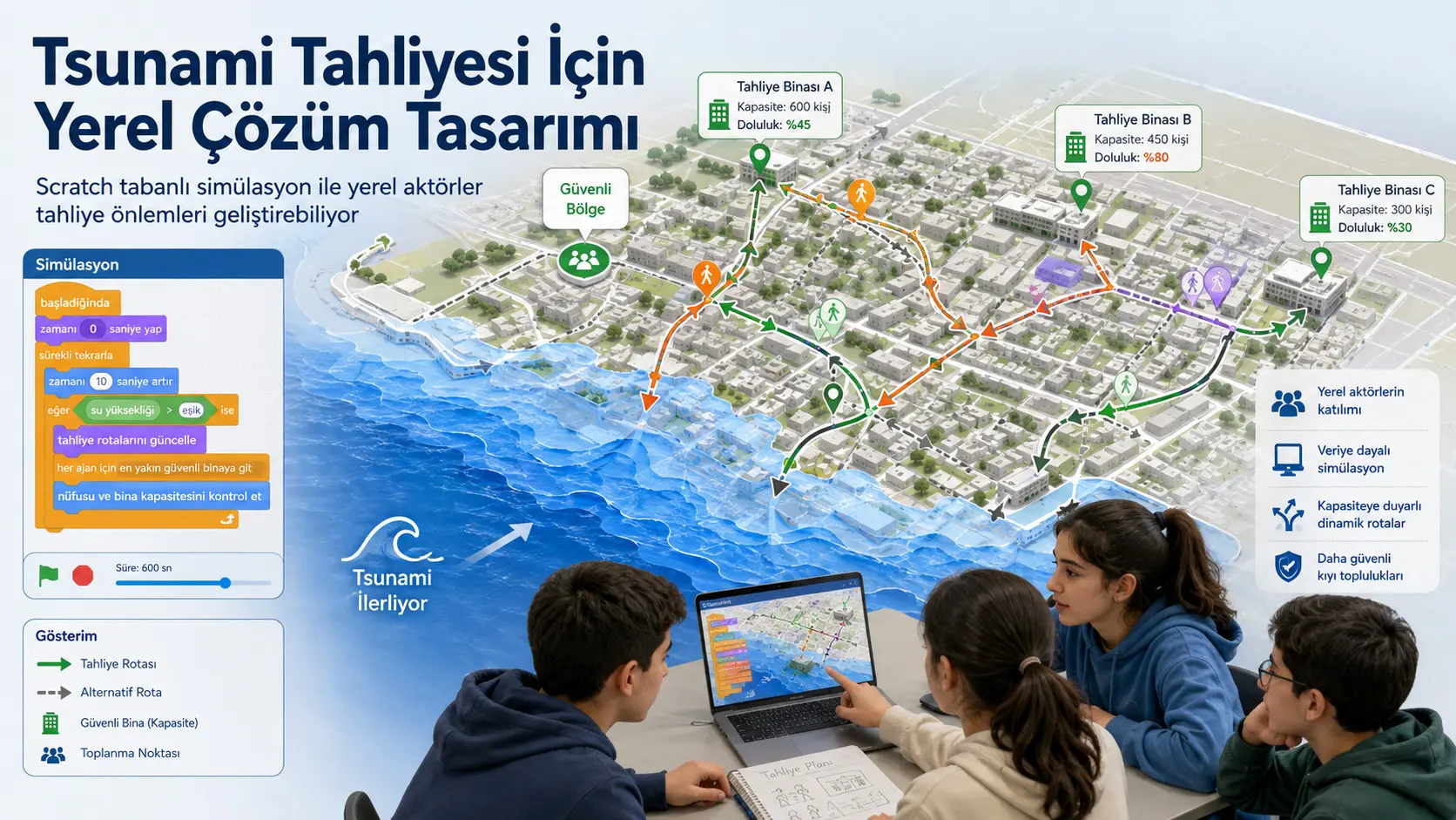 Mahalliy ishtirokchilarga tsunami evakuatsiyasi choralarini loyihalash imkonini beruvchi simulyatsiyaga asoslangan tizim