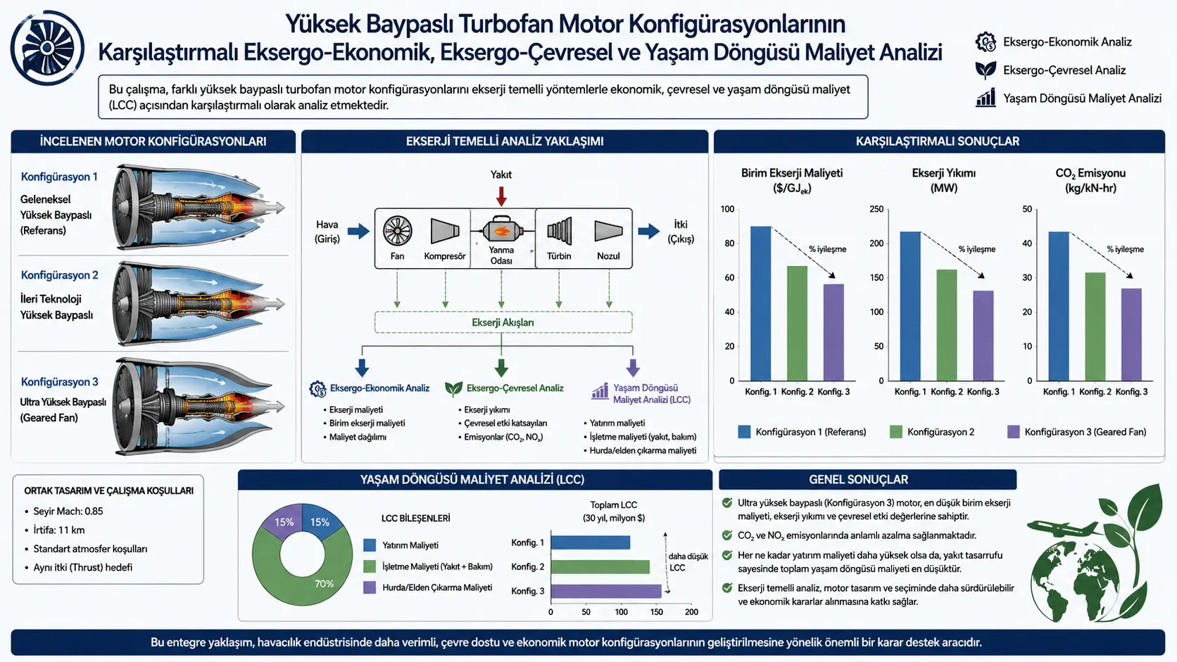 Yuqori Baypasli Turbofan Dvigatel Konfiguratsiyalarining Qiyosiy Eksergo-Iqtisodiy, Eksergo-Ekologik va Hayot Sikli Xarajatlari Tahlili