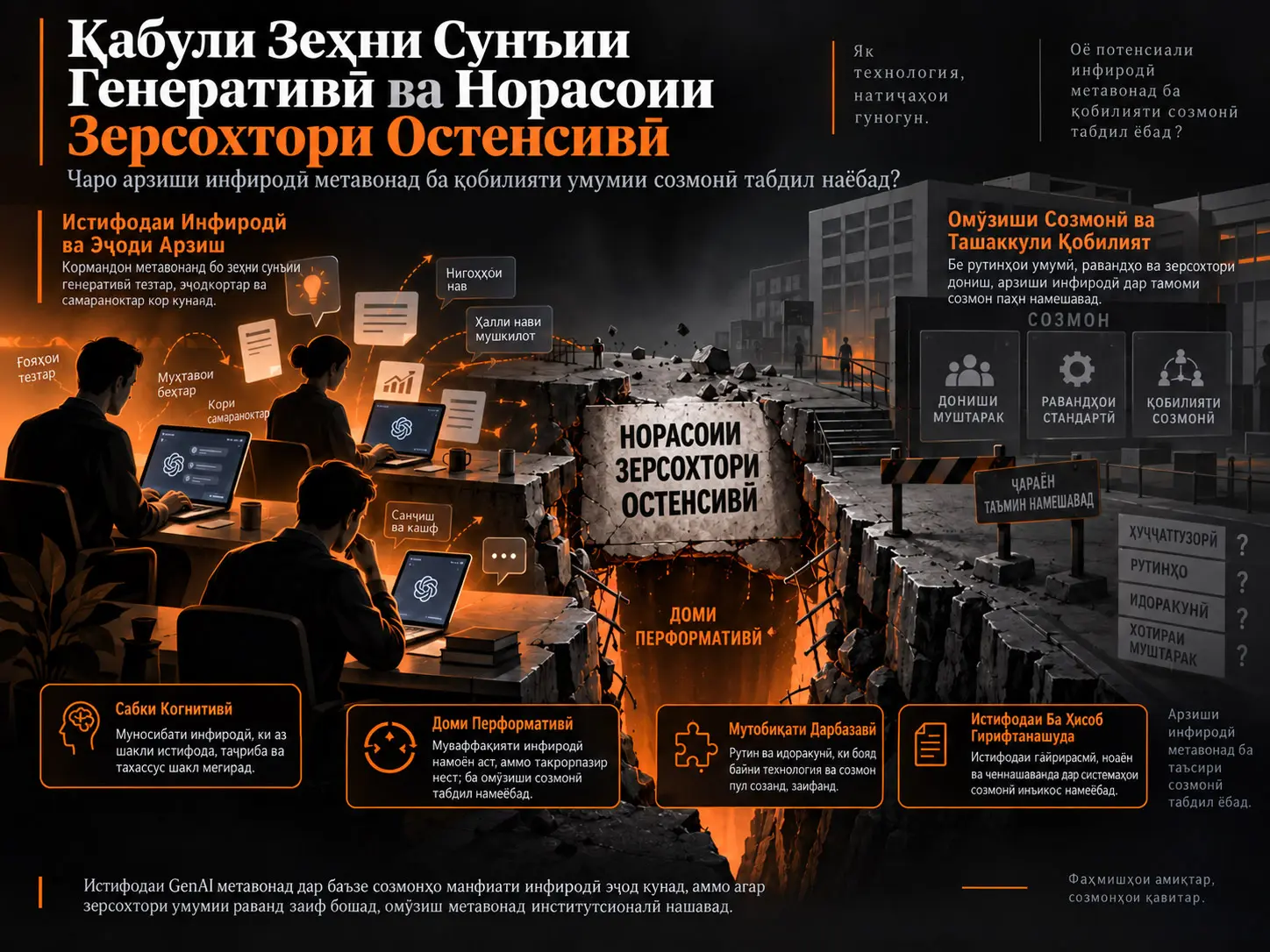 Зери Бунёд: Қабули Зеҳни Сунъии Тавлидӣ дар Созмонҳо Бе Зерсохтори Остенсивӣ