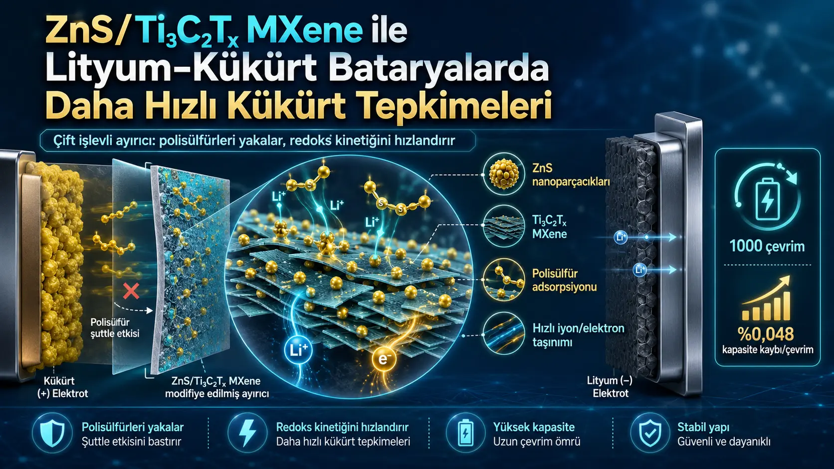 ZnS Nanoparçacıkları MXene Katmanlarını Açık Tutarak Lityum-Kükürt Bataryalarda Kükürt Tepkimelerini Hızlandırdı