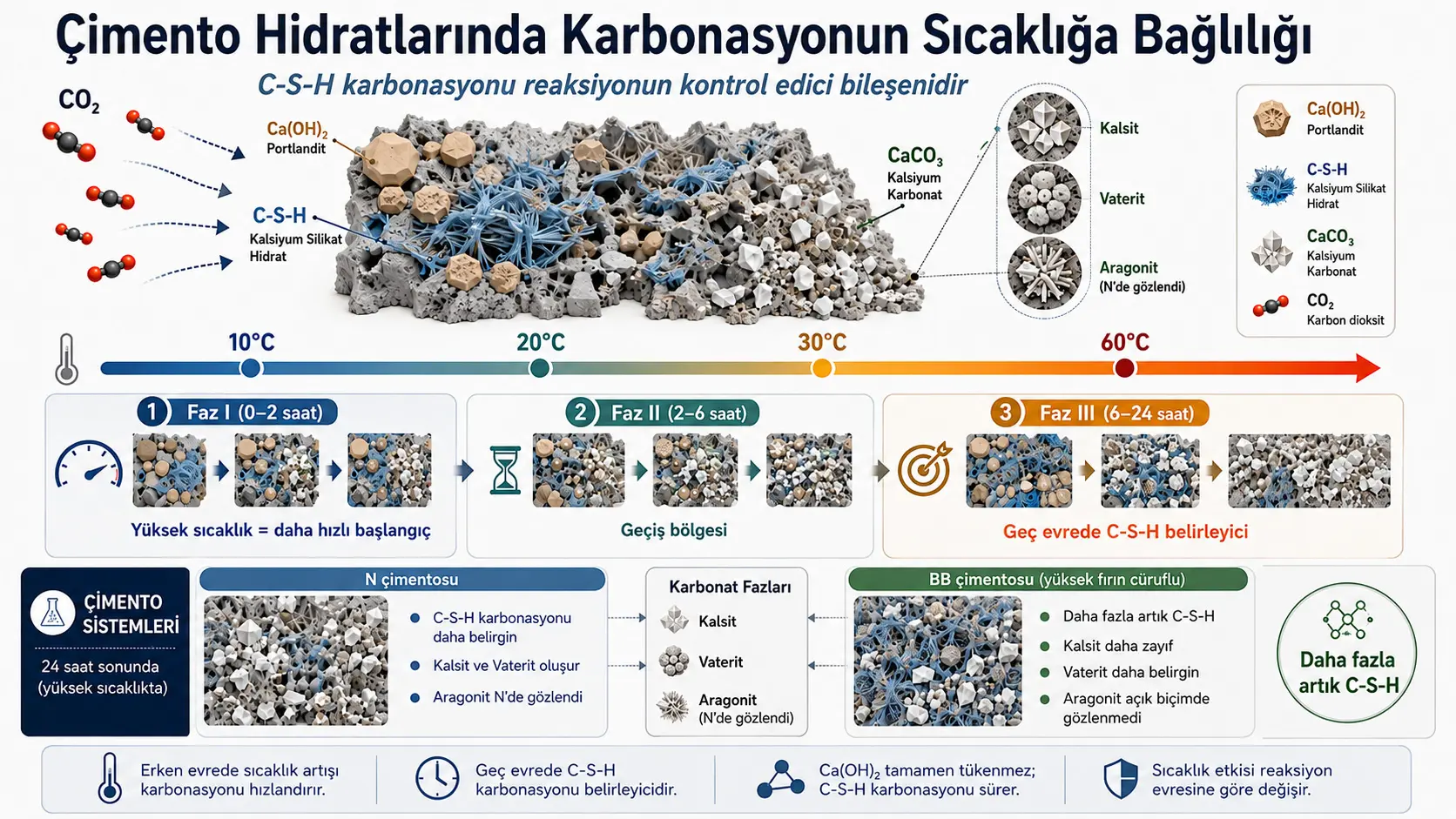 Sement gidratlarida karbonatlanish kinetikasining haroratga bogʻliqligi: C-S-H karbonatlanishining boshqaruvchi roli