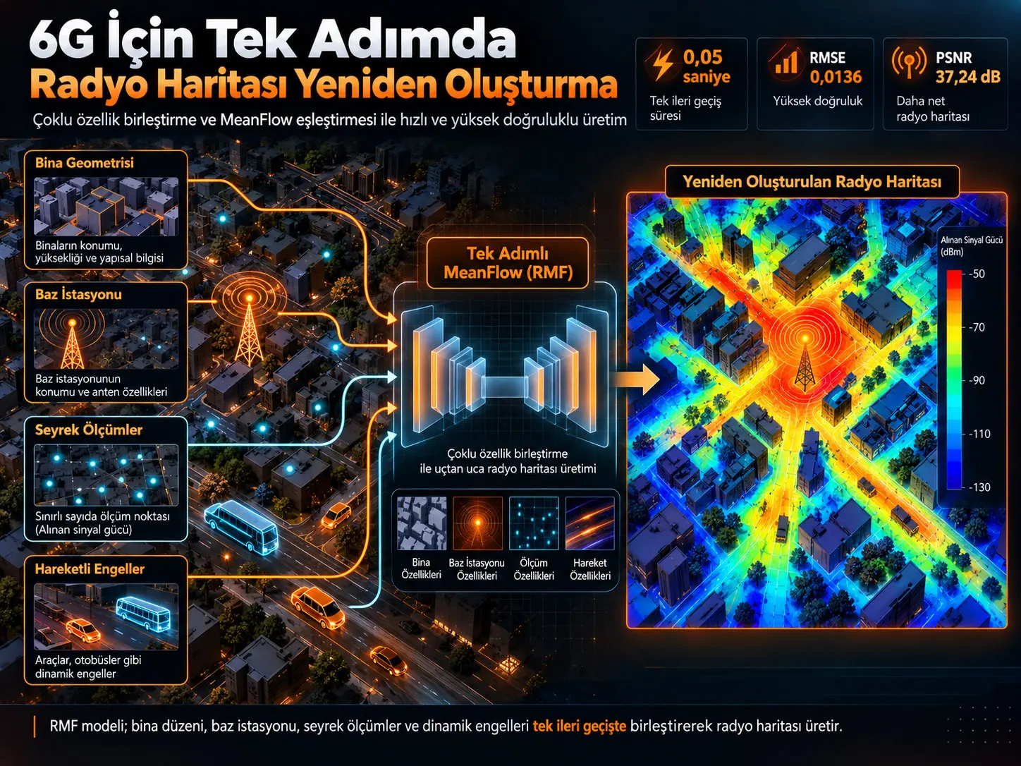 6G İçin Tek Adımlı Radyo Haritası Üretimi: MeanFlow ve Çoklu Özellik Birleştirme ile 0,05 Saniyede Yeniden Yapılandırma