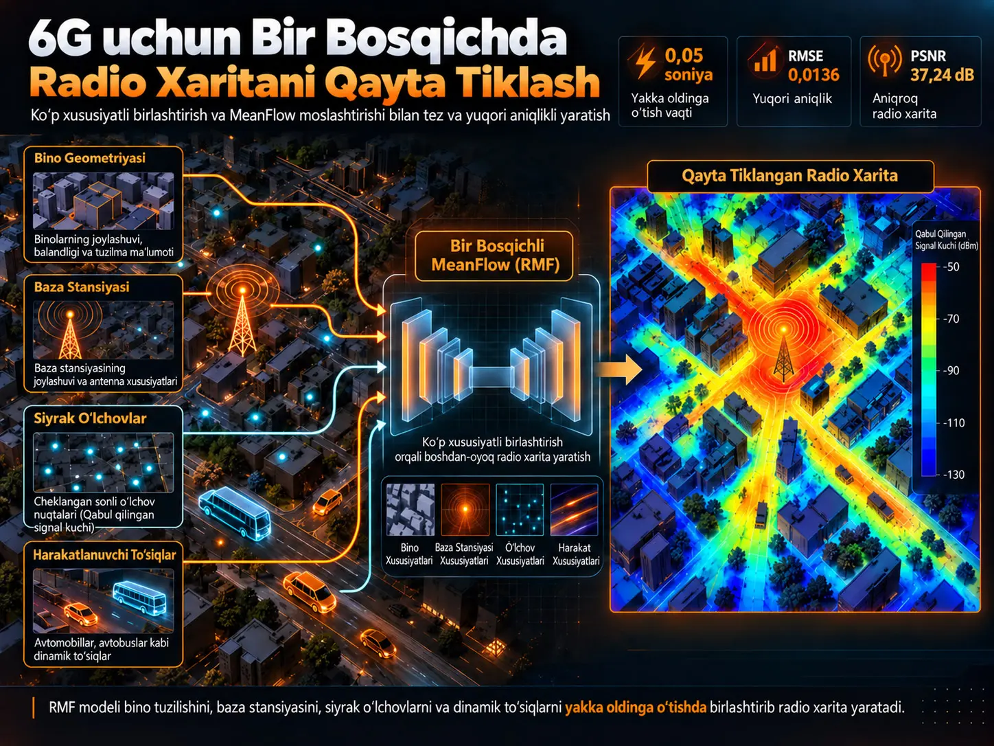 6G Uchun Bir Bosqichli Radio Xarita Yaratish: MeanFlow va Ko‘p Xususiyatli Birlashtirish bilan 0,05 Soniyada Qayta Tiklash