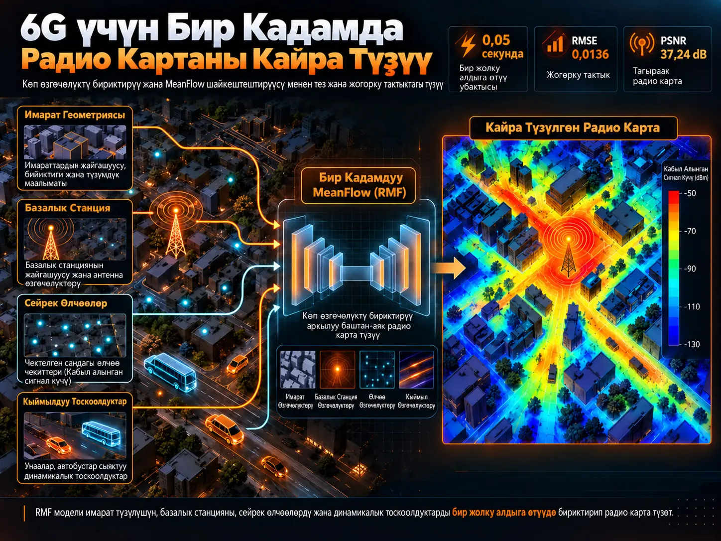 6G Үчүн Бир Кадамдуу Радио Карта Түзүү: MeanFlow жана Көп Өзгөчөлүктү Бириктирүү менен 0,05 Секундада Кайра Калыбына Келтирүү