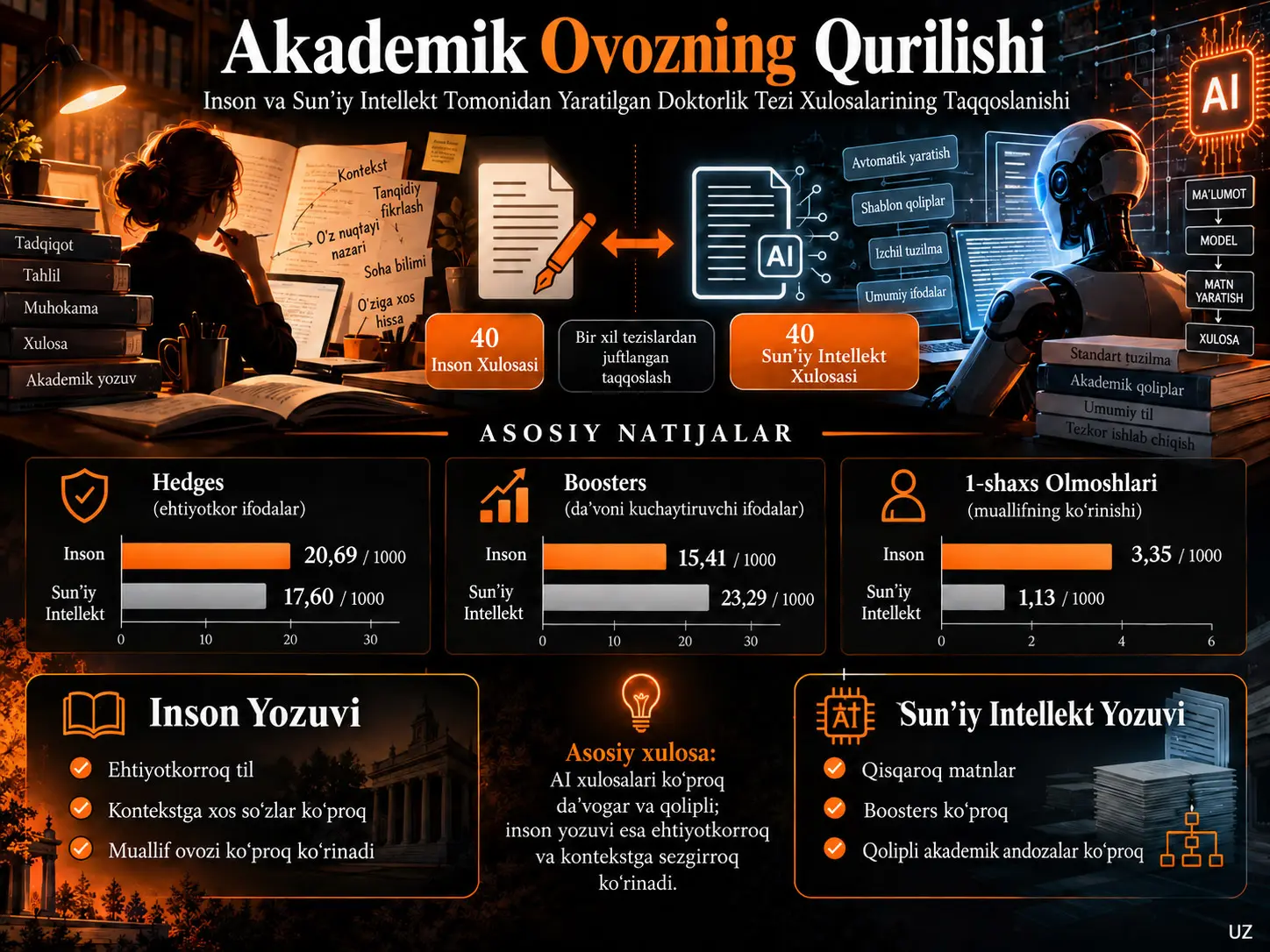 Akademik Ovozning Qurilishi: Inson va Sun’iy Intellekt Tomonidan Yaratilgan Doktorlik Dissertatsiyasi Xulosalarining Korpusga Asoslangan Taqqoslanishi