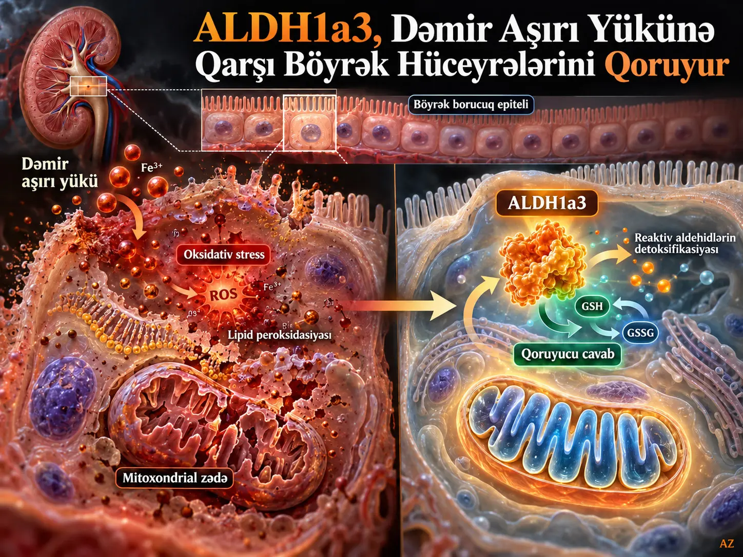 ALDH1a3, Dəmir Aşırı Yüklənməsinin Səbəb Olduğu Oksidativ Stress və Mitoxondrial Pozulmaya Qarşı Böyrək Borucuq Epitel Hüceyrələrini Qoruyur
