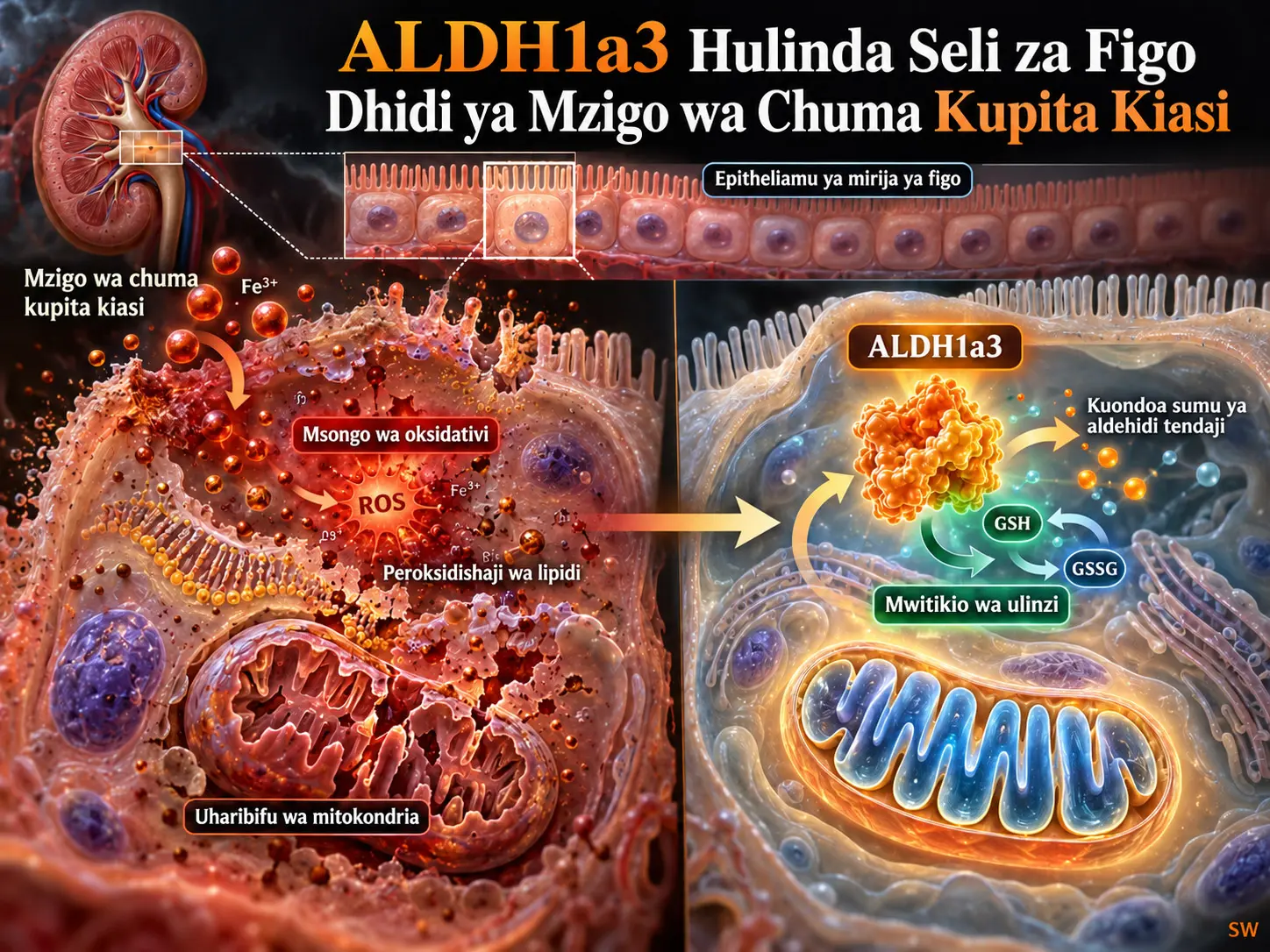 ALDH1a3 Hulinda Seli za Epitheliamu za Mirija ya Figo Dhidi ya Msongo wa Oksidativi na Uharibifu wa Mitokondria Unaosababishwa na Mzigo wa Chuma Kupita Kiasi