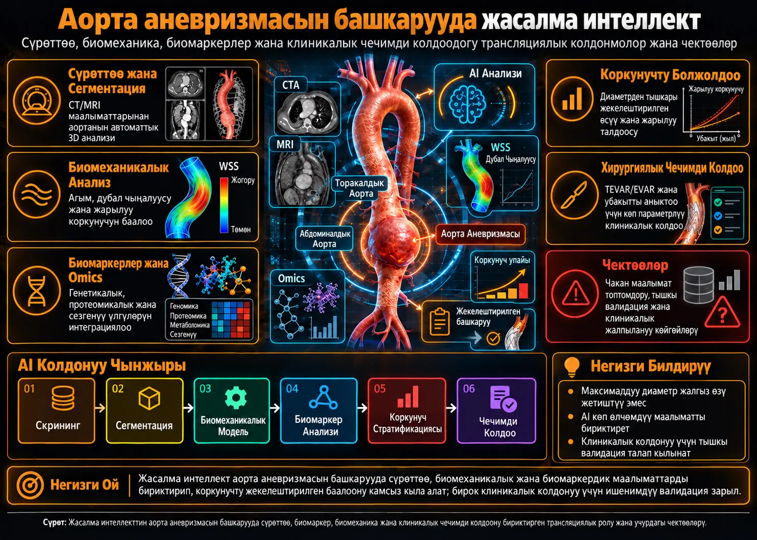 Аорта аневризмасын башкарууда жасалма интеллект: сүрөттөөдөн биомаркерлерге, жарылуу коркунучунан хирургиялык чечимди колдоого чейин