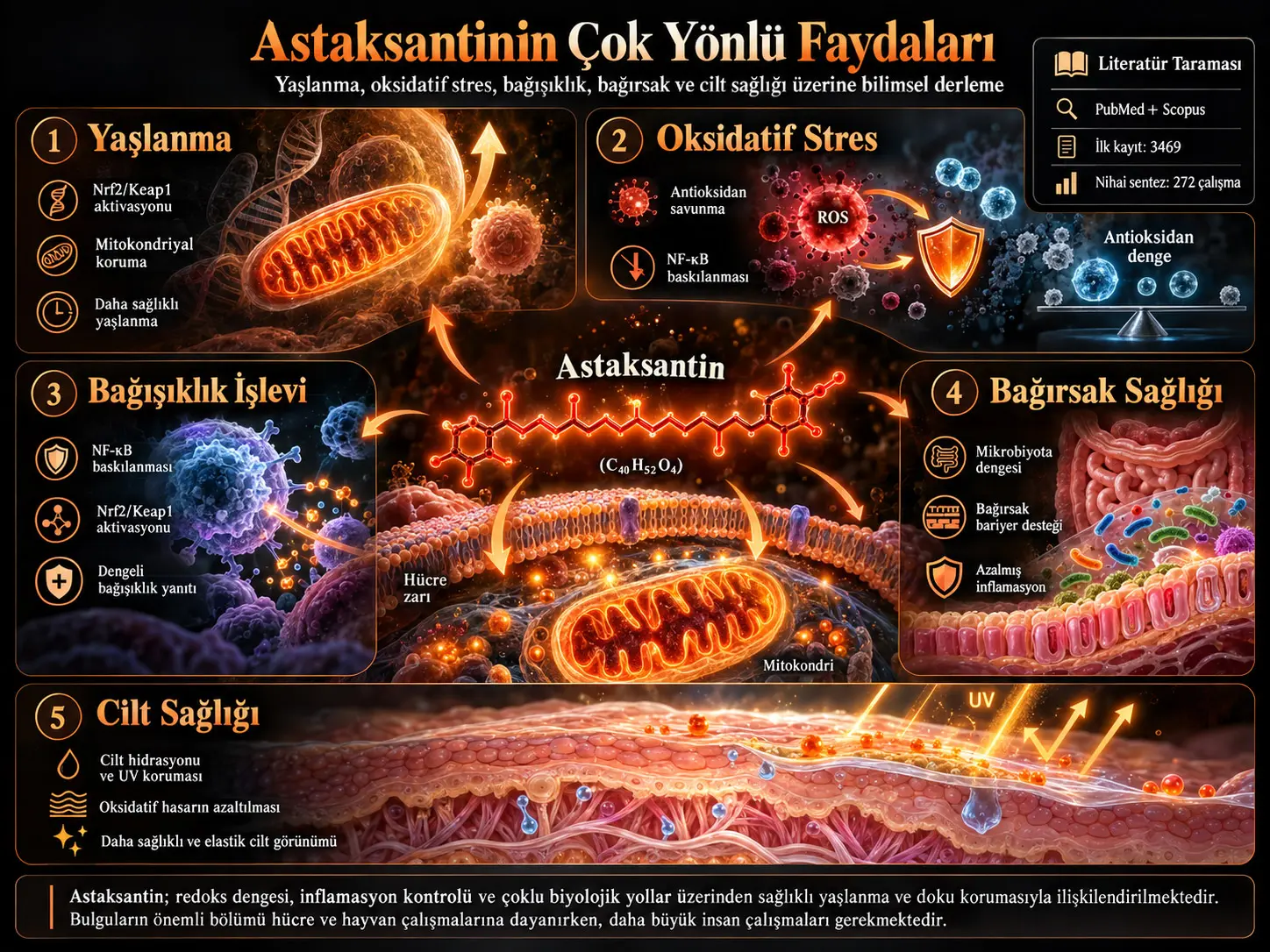 Astaksantinin Yaşlanma, Oksidatif Stres, Bağışıklık İşlev Bozukluğu, Bağırsak ve Cilt Sağlığındaki Çok Yönlü Faydalarının İncelenmesi