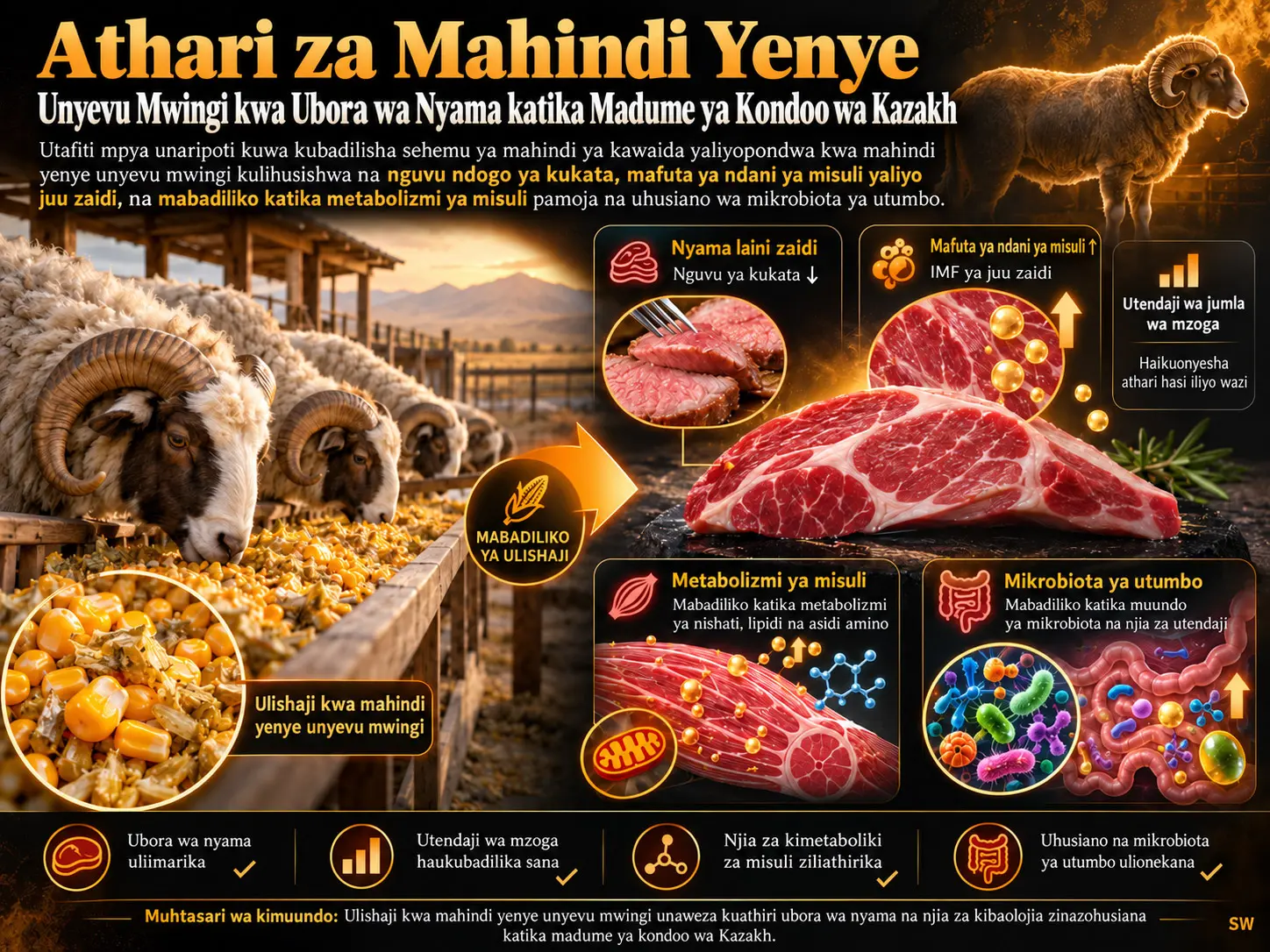 Athari za Ulishaji wa Mahindi Yenye Unyevu Mwingi kwa Utendaji wa Nyama, Ubora wa Nyama, Metabolizmi ya Misuli na Mikrobiota ya Utumbo katika Madume ya Kondoo wa Kazakh