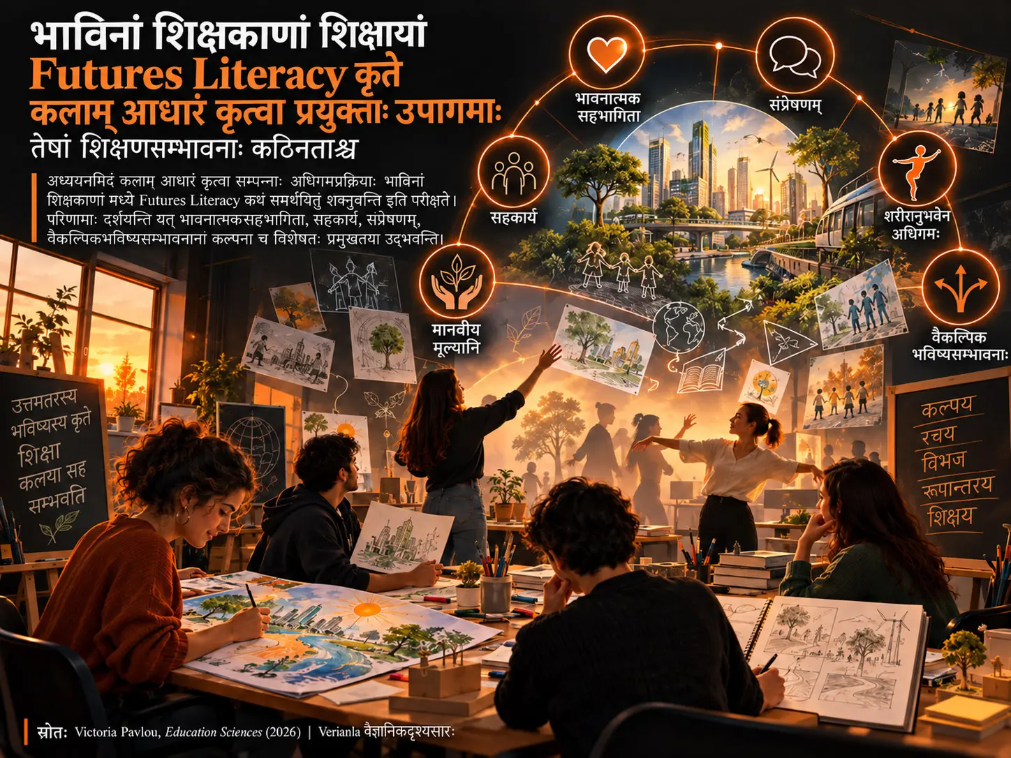 भाविनां शिक्षकाणां शिक्षायां Futures Literacy कृते कलाम् आधारं कृत्वा प्रयुक्ताः उपागमाः: तेषां शिक्षणसम्भावनाः कठिनताश्च