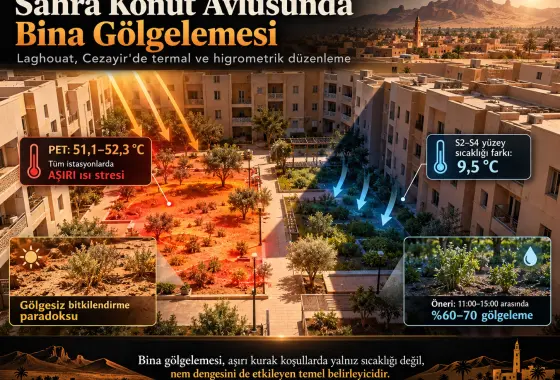 Bir Sahra Konut Avlusunda Bina Gölgesi Çift Termal–Higrometrik Düzenleyici Olarak İşlev Görüyor mu? Laghouat, Cezayir’den Saha Kanıtı, Gölgesiz Bitkilendirme Paradoksu ve Tasarım Önerileri