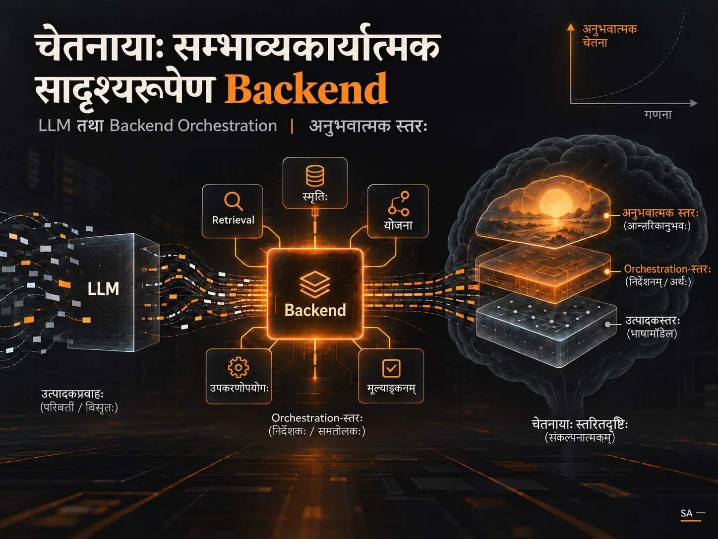 चेतनायाः सम्भाव्यकार्यात्मकसादृश्यरूपेण Backend: भाषामॉडेलात् Orchestration-स्तरं प्रति ध्यानस्य निर्देशनम्