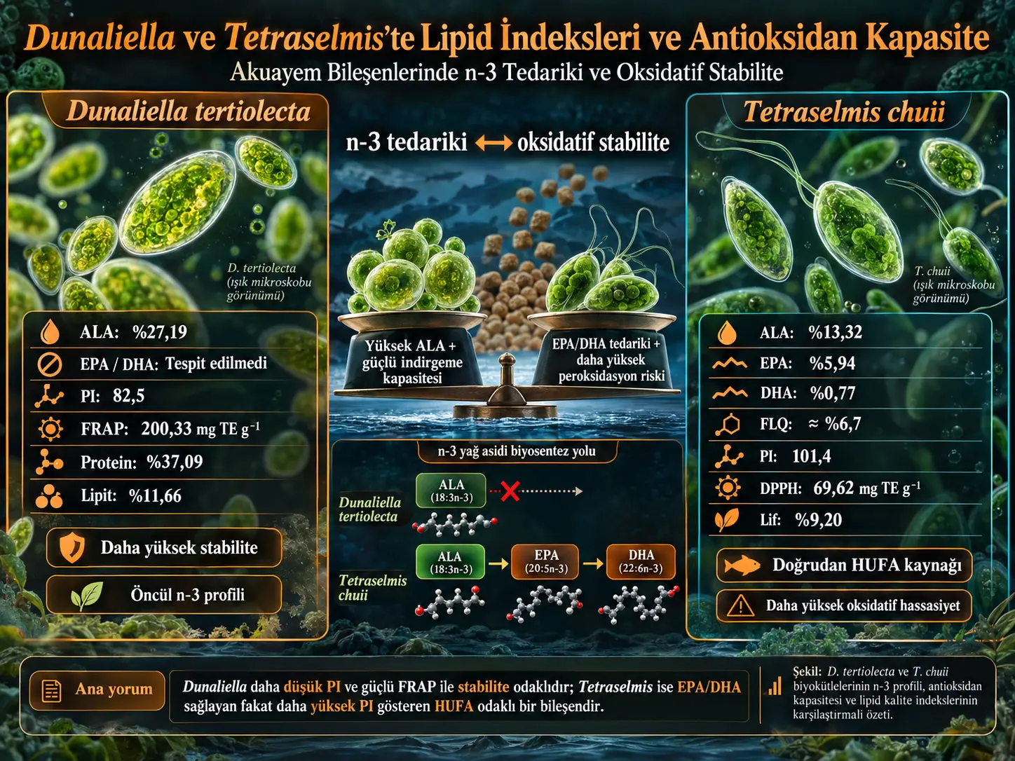 Dunaliella ve Tetraselmis Mikroalglerinde Lipid Kalitesi ve Antioksidan Kapasite: Akuayemlerde n-3 Tedariki ile Oksidatif Stabilite Arasındaki Denge