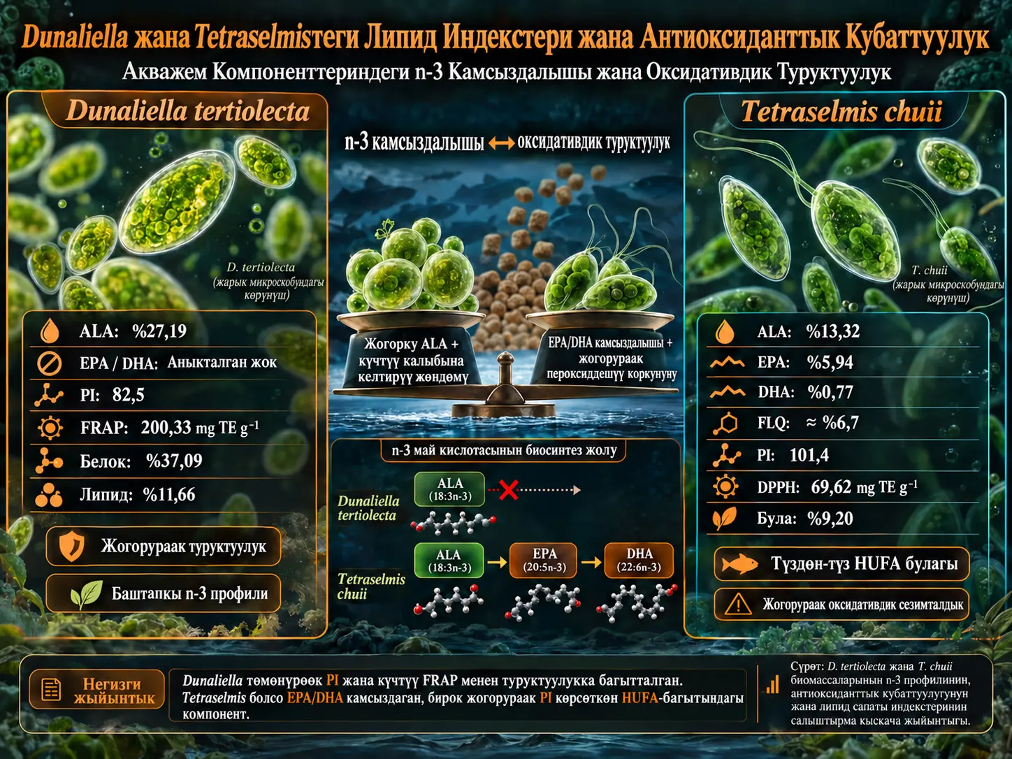 Dunaliella жана Tetraselmis Микробалырларындагы Липид Сапаты жана Антиоксиданттык Кубаттуулук: Акважемдерде n-3 Камсыздоосу менен Кычкылдануу Туруктуулугунун Ортосундагы Тең Салмак