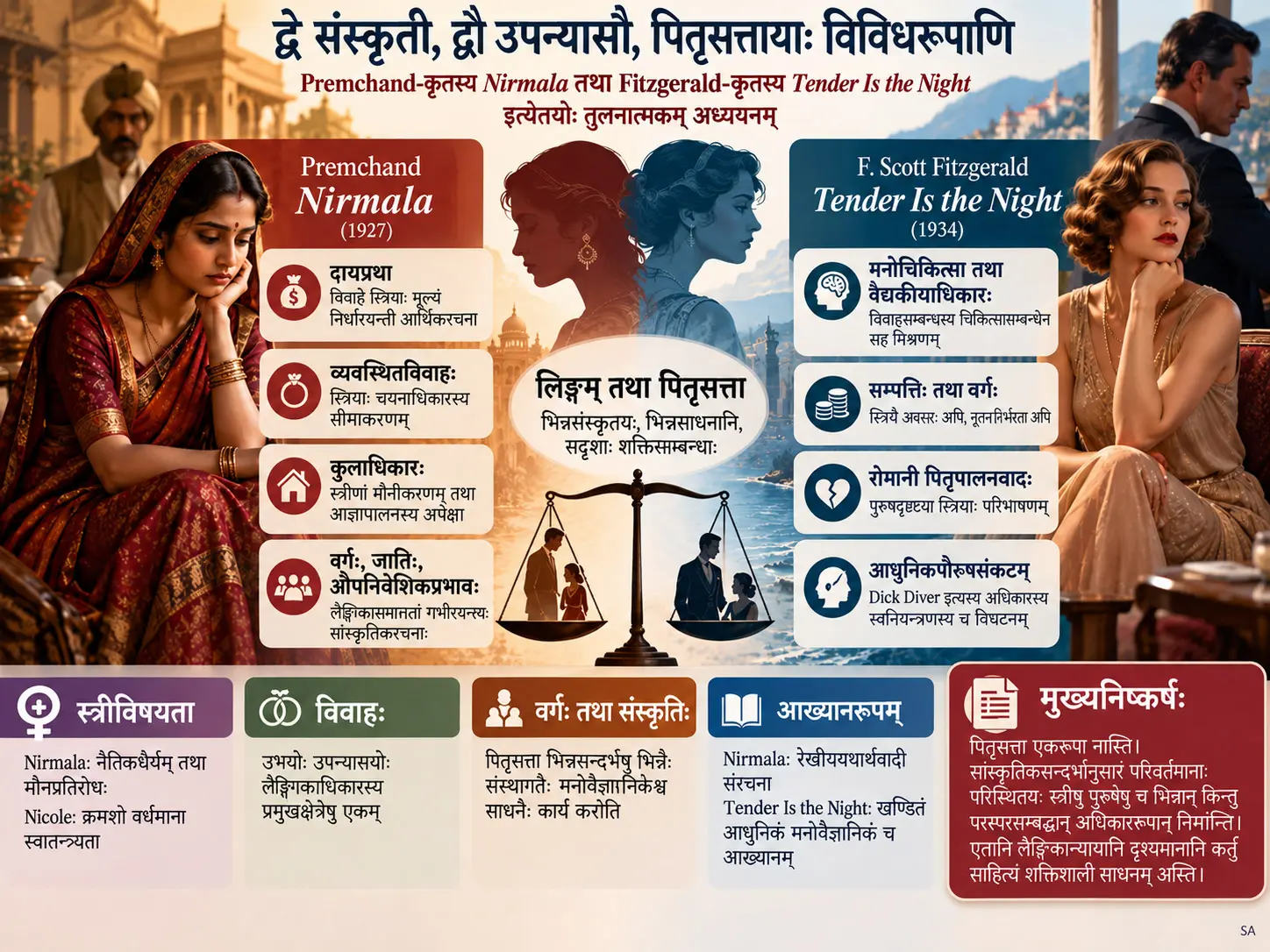 द्वे संस्कृती, द्वौ उपन्यासौ, Patriarchy इत्यस्य विविधरूपाणि: Nirmala तथा Tender Is the Night इत्येतयोः तुलना
