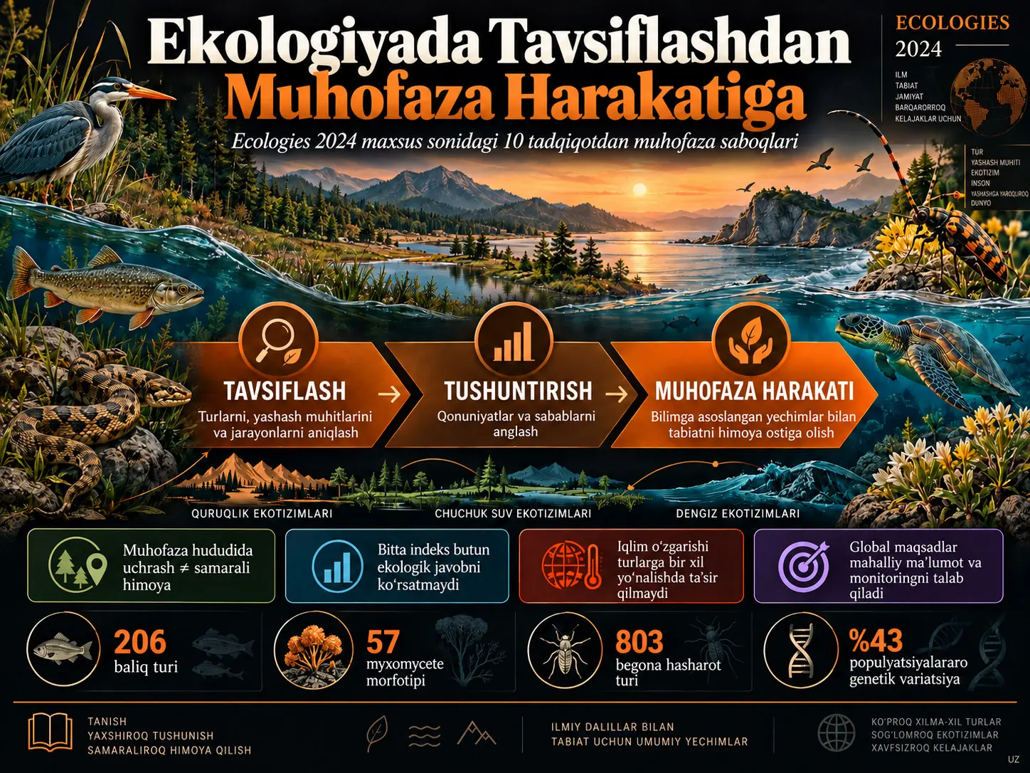 Ekologiyada Tavsiflashdan Muhofaza Harakatiga: O‘nta Tadqiqot Biologik Xilma-xillikni Asrash Uchun Nimani Ko‘rsatadi?