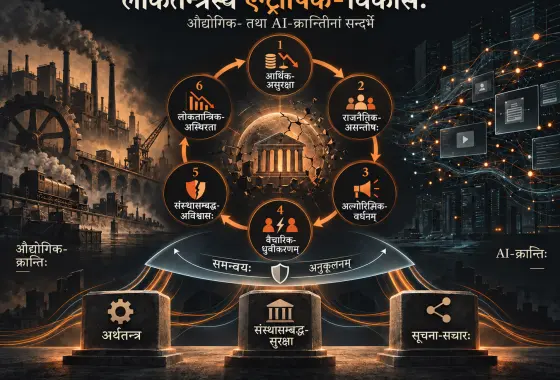 Entropy-युक्तस्य भङ्गुरस्य उद्भवमानस्य च तन्त्रस्य रूपेण लोकतन्त्रस्य विकासः: औद्योगिक- तथा AI-क्रान्तयः
