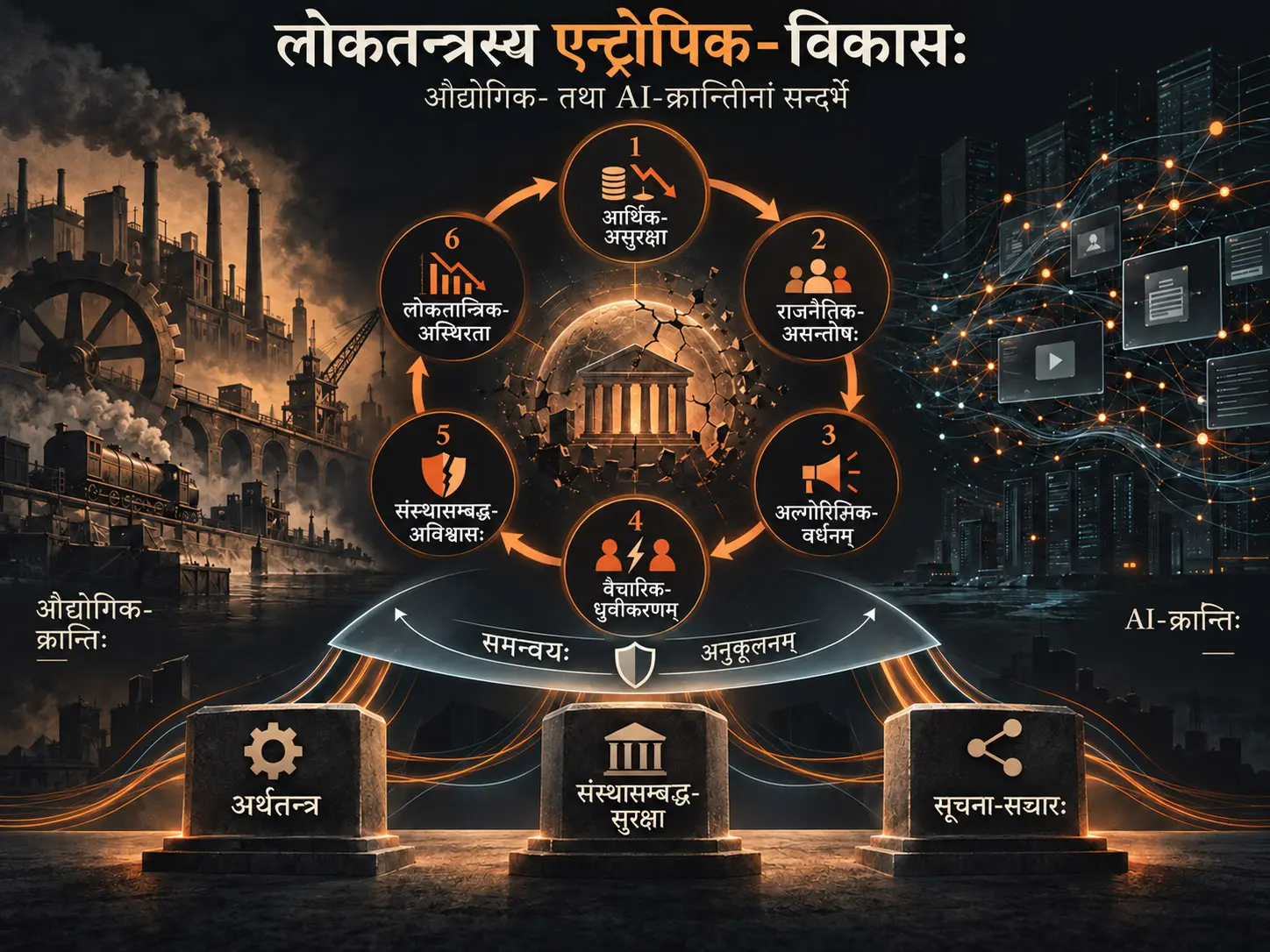 Entropy-युक्तस्य भङ्गुरस्य उद्भवमानस्य च तन्त्रस्य रूपेण लोकतन्त्रस्य विकासः: औद्योगिक- तथा AI-क्रान्तयः