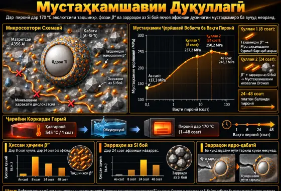 Эволютсияи таҳшинҳо ва механизмҳои мустаҳкамшавии рафтори дуқуллагӣ дар композитҳои пиронидашудаи Ti@(Al-Si-Ti)P/A356Al