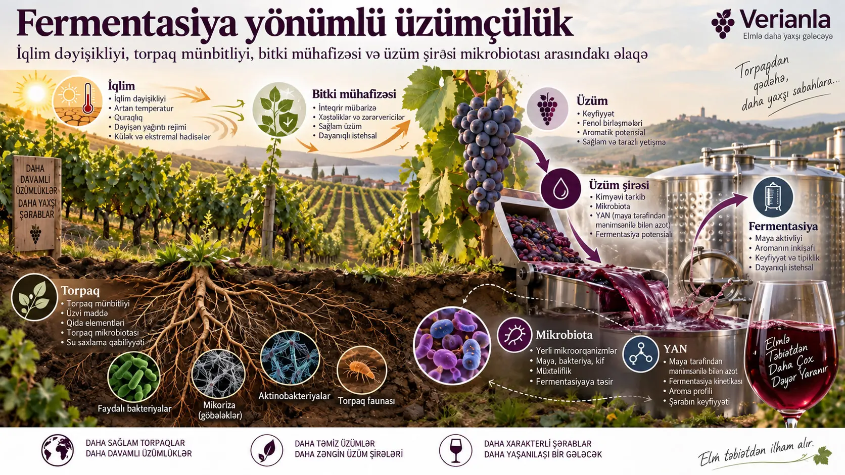 Fermentasiya yönümlü üzümçülük: iqlim dəyişikliyi, torpaq münbitliyi, bitki mühafizəsi və üzüm şirəsi mikrobiotası ekologiyasını birləşdirən narrativ icmal