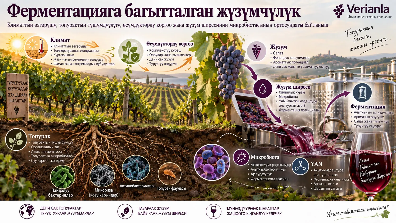 Ферментацияга багытталган жүзүмчүлүк: климаттын өзгөрүшүн, топурактын түшүмдүүлүгүн, өсүмдүктөрдү коргоону жана жүзүм ширесинин микробиотасынын экологиясын бириктирген нарративдик сереп