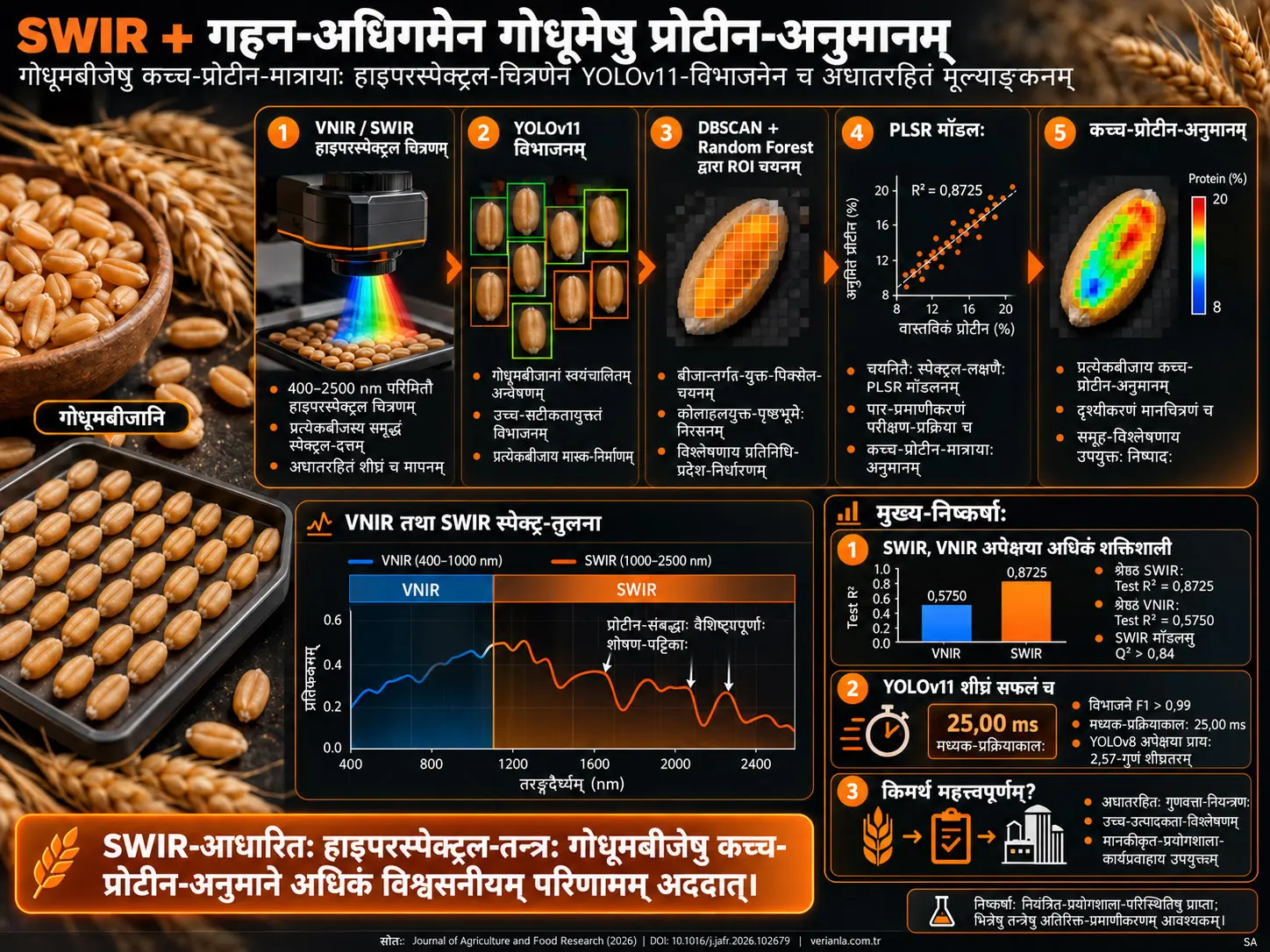 गहनाधिगमाधारितेन segmentation-विधिना संयुक्तस्य SWIR hyperspectral imaging इत्यस्य उपयोगेन गोधूमकणेषु crude protein-मात्रायाः मूल्याङ्कनम्