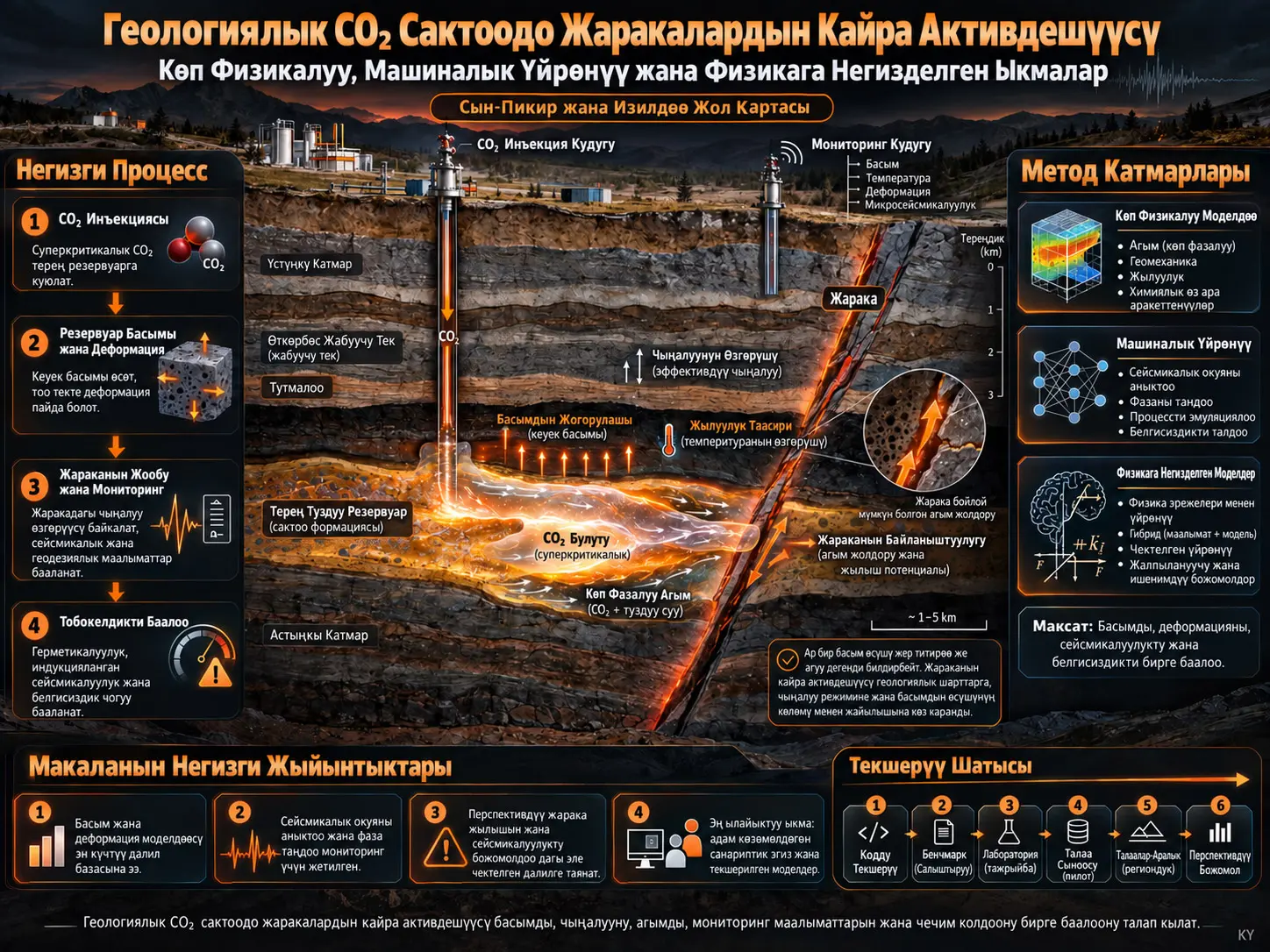 Геологиялык CO₂ Сактоо Учурунда Жаракалардын Кайра Активдешүүсүнө Карата Көп Физикалуу, Машиналык Үйрөнүү жана Физикага Негизделген Ыкмалар