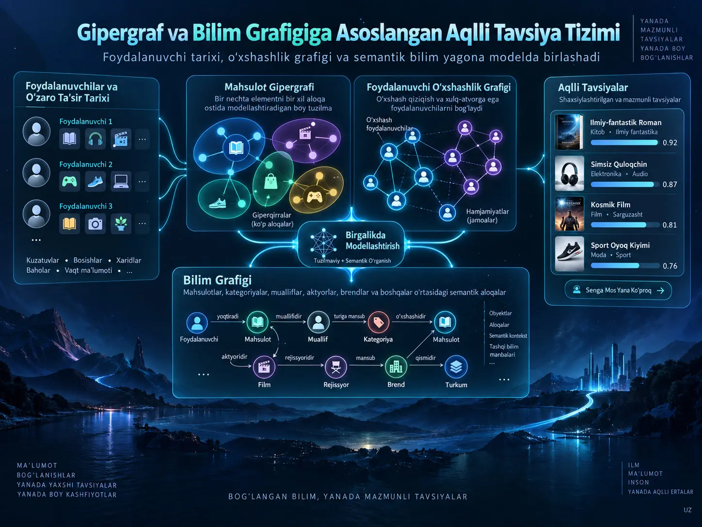 Gipergraf va Bilim Grafigini Birlashtiruvchi Bilimga Xabardor Tavsiya Tizimi: Yuqori Darajali Foydalanuvchi Xatti-harakatidan Semantik Element Tasviriga