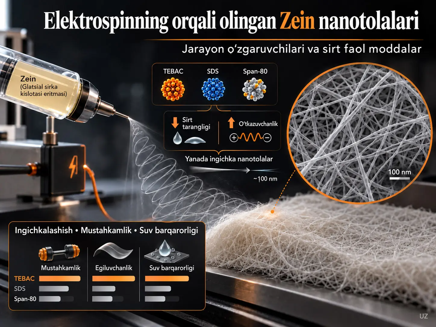 Glatsial Sirka Kislotasi Eritmalaridan Elektrospinning Orqali Olingan Zein Nanotolalarining Hosil Bo‘lishi va Xossalari: Jarayon O‘zgaruvchilari va Sirt Faol Moddalarning Ta’siri