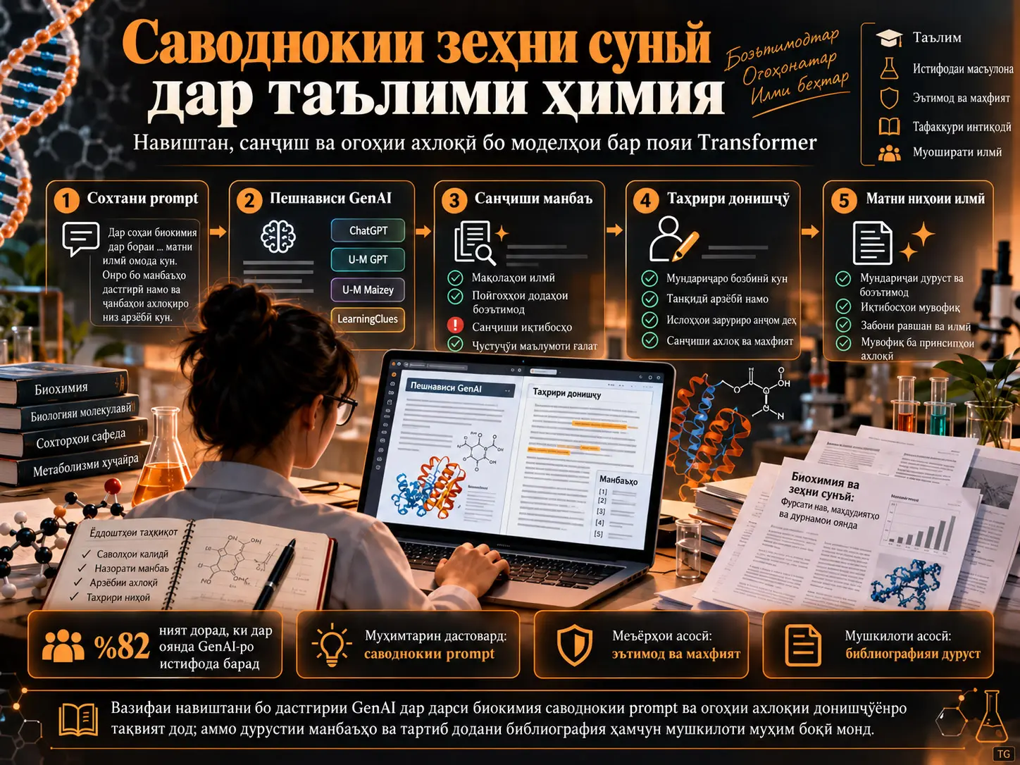 Ҳамгиро кардани саводнокии зеҳни сунъӣ дар таҳсилоти баъдидипломии химия: истифода аз нерӯи моделҳои Transformer-асос