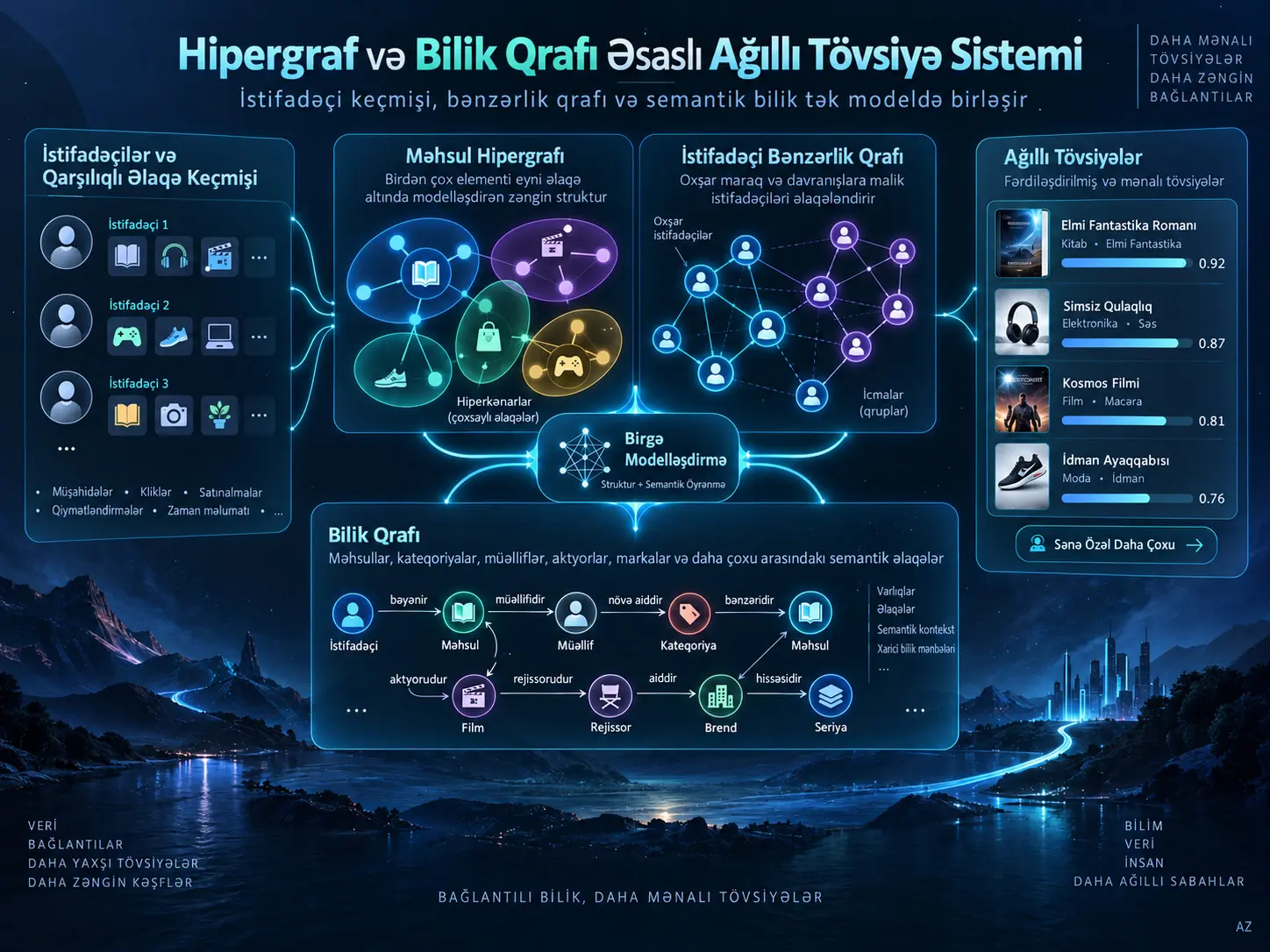 Hipergraf və Bilik Qrafını Birləşdirən Bilik-Fərqində Tövsiyə Sistemi: Yüksək Dərəcəli İstifadəçi Davranışından Semantik Element Təsvirinə